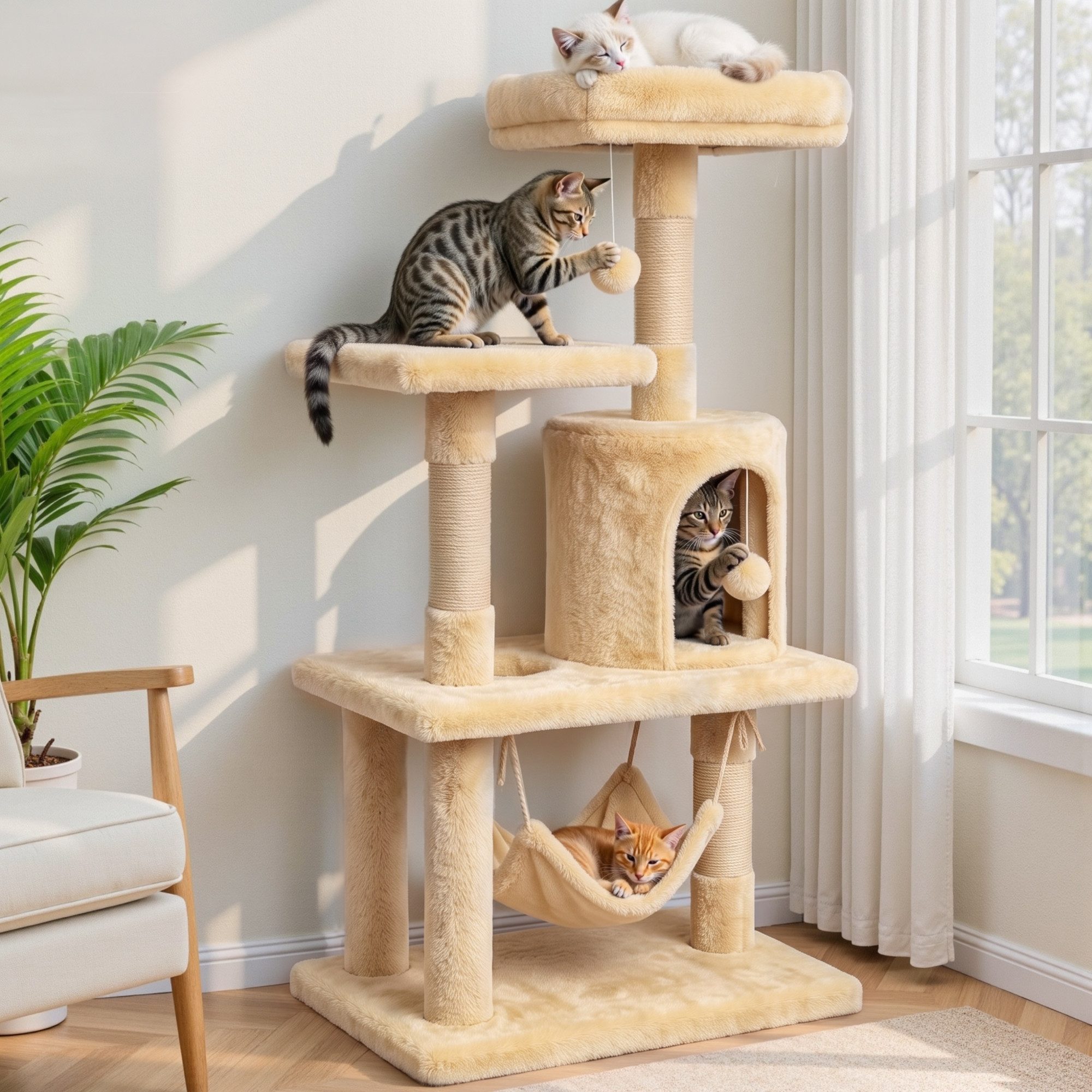 Klyvvo Kratzbaum 112 cm Stabil Katzenbaum mit Große Bodenplatte für Katzen, mit Hängematte und Schlafplatz, Robusten Sisal Kratzsäulen, Beige