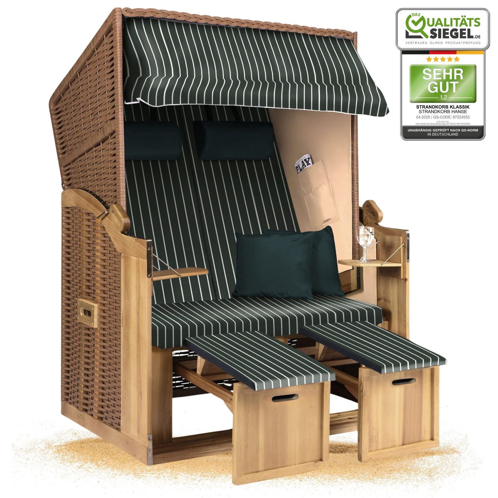 Strandkorb Hanse Strandkorb Strandkorb 2-Sitzer Ostsee Volllieger in Natur Beige Grün, BxTxH: 120x80x160 cm, Ostsee Volllieger, Ostsee 2-Sitzer Modell 2025, Stabiles Wacholder mit handgefertigtem Polyrattangeflecht
