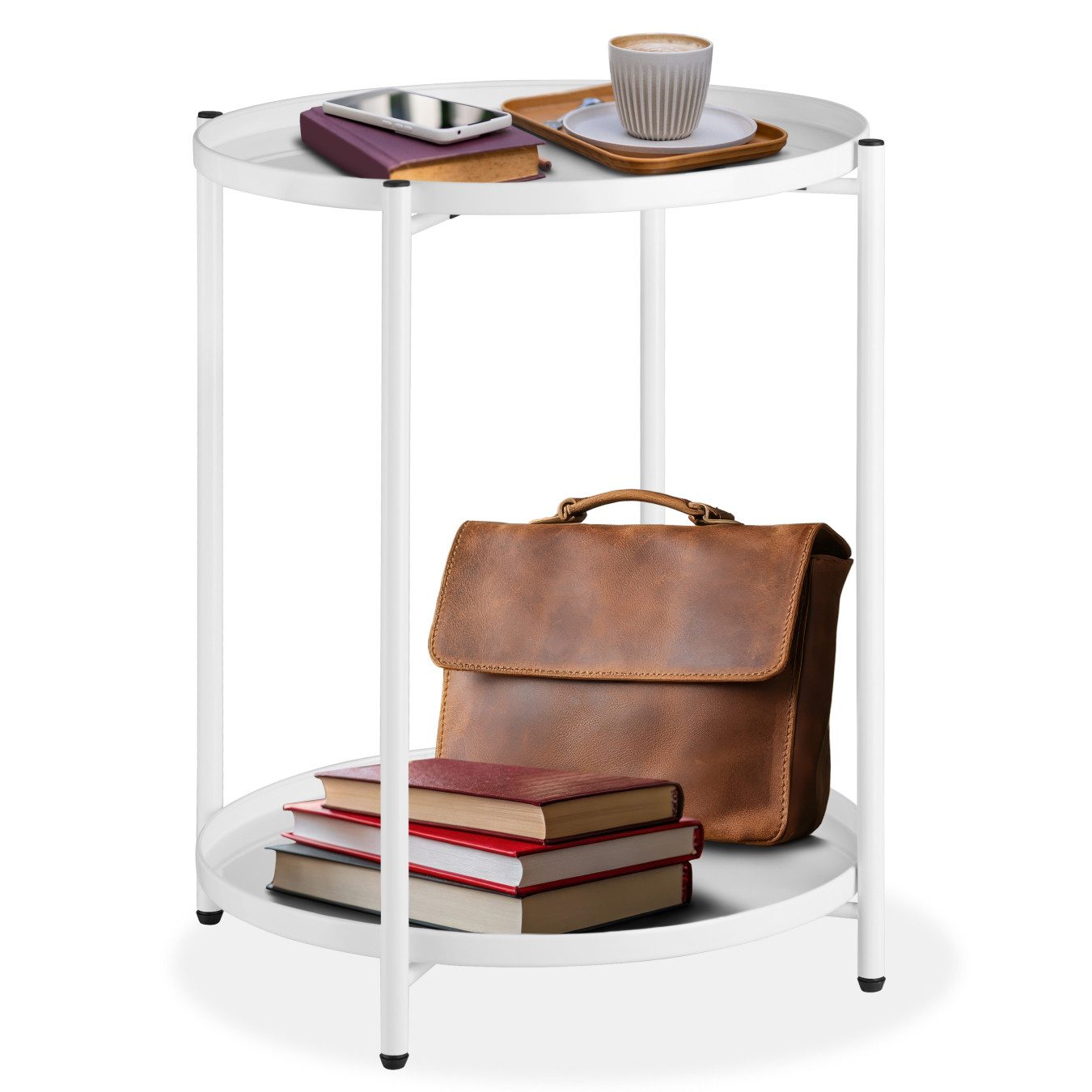 tectake Beistelltisch Nachttisch, 45,5 x 45,5 x 53 cm, rund mit abnehmbaren Ablagen (Beistelltisch rund Oxford, 1-St., in weiß), Stahl, filigranes Gestell, mit höhenverstellbaren Kunststofffüßen