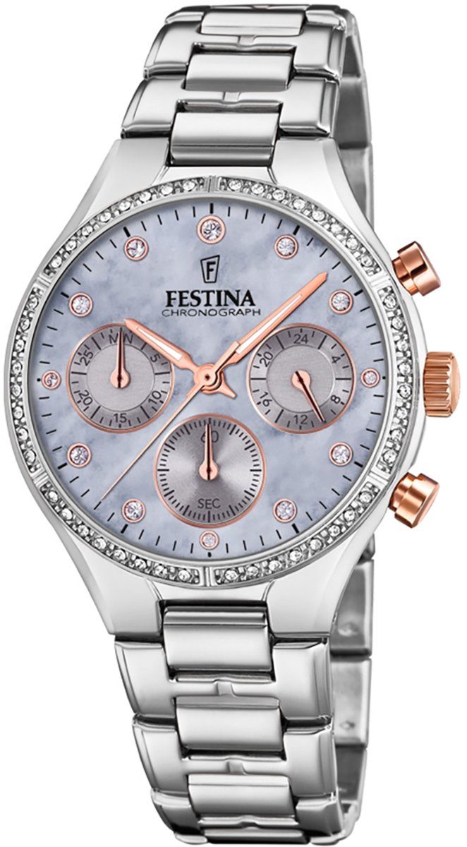 Festina Chronograph Festina Damen Uhr F20401/3 Edelstahl, Damen Armbanduhr  rund, Edelstahlarmband silber, 48 Steine auf Lünette