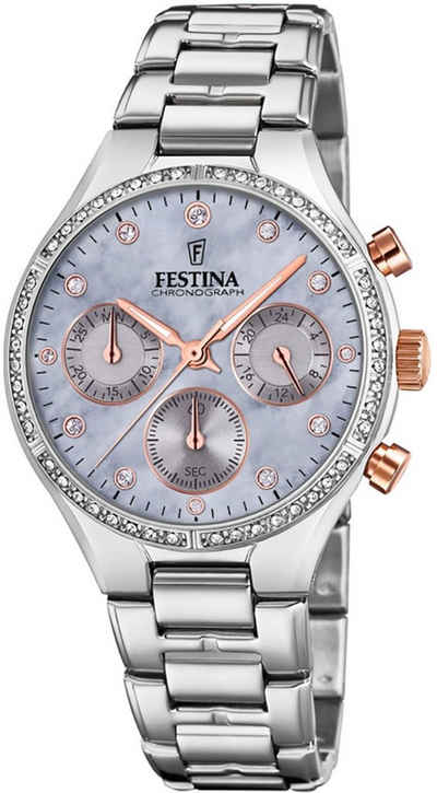Festina Chronograph Festina Damen Uhr F20401/3 Edelstahl, Damen Armbanduhr rund, Edelstahlarmband silber