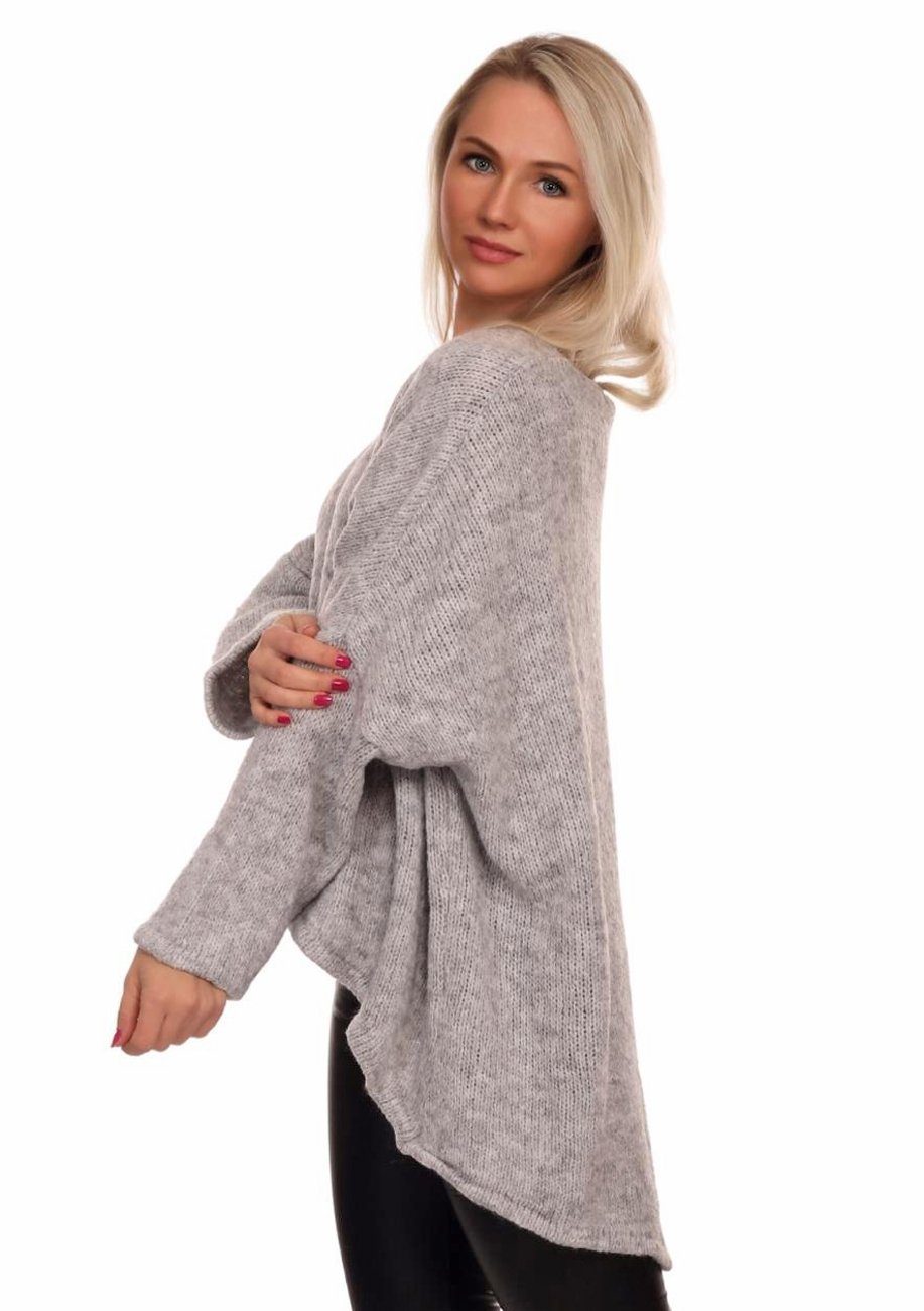 V-​Ausschnitt Moda Oversized Hellgrau Charis lang Strickpullover vorne kurz im Look hinten