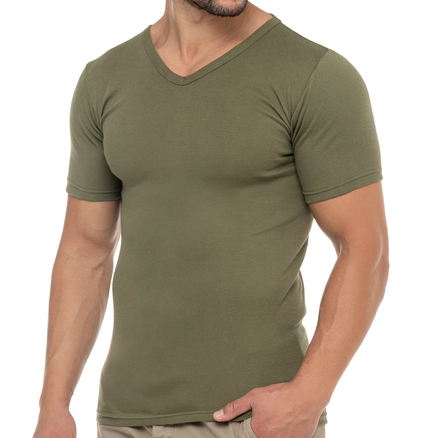 celodoro Kurzarmshirt Business (1er/3er) T-Shirt Feinripp Olive 1 Baumwolle x Herren V-Neck