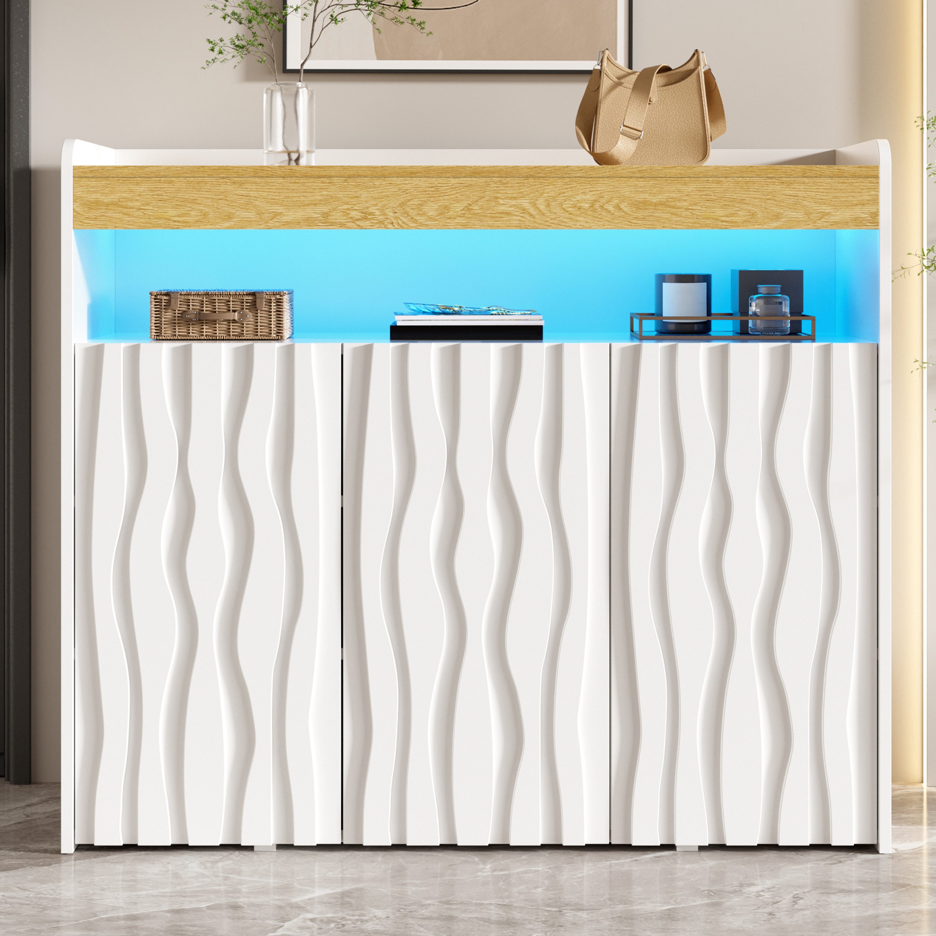 Flieks Sideboard Mehrzweckschrank mit LED-Beleuchtung & 3 Türen in Wellenmuster-Design (B105×H90,5×T35 cm, 1 St., mit offenem Ablagefach und Verstellbaren Einlegeböden), Schuhschrank mit Arbeitsplatte in Holzoptik Wohnzimmerschrank Weiß