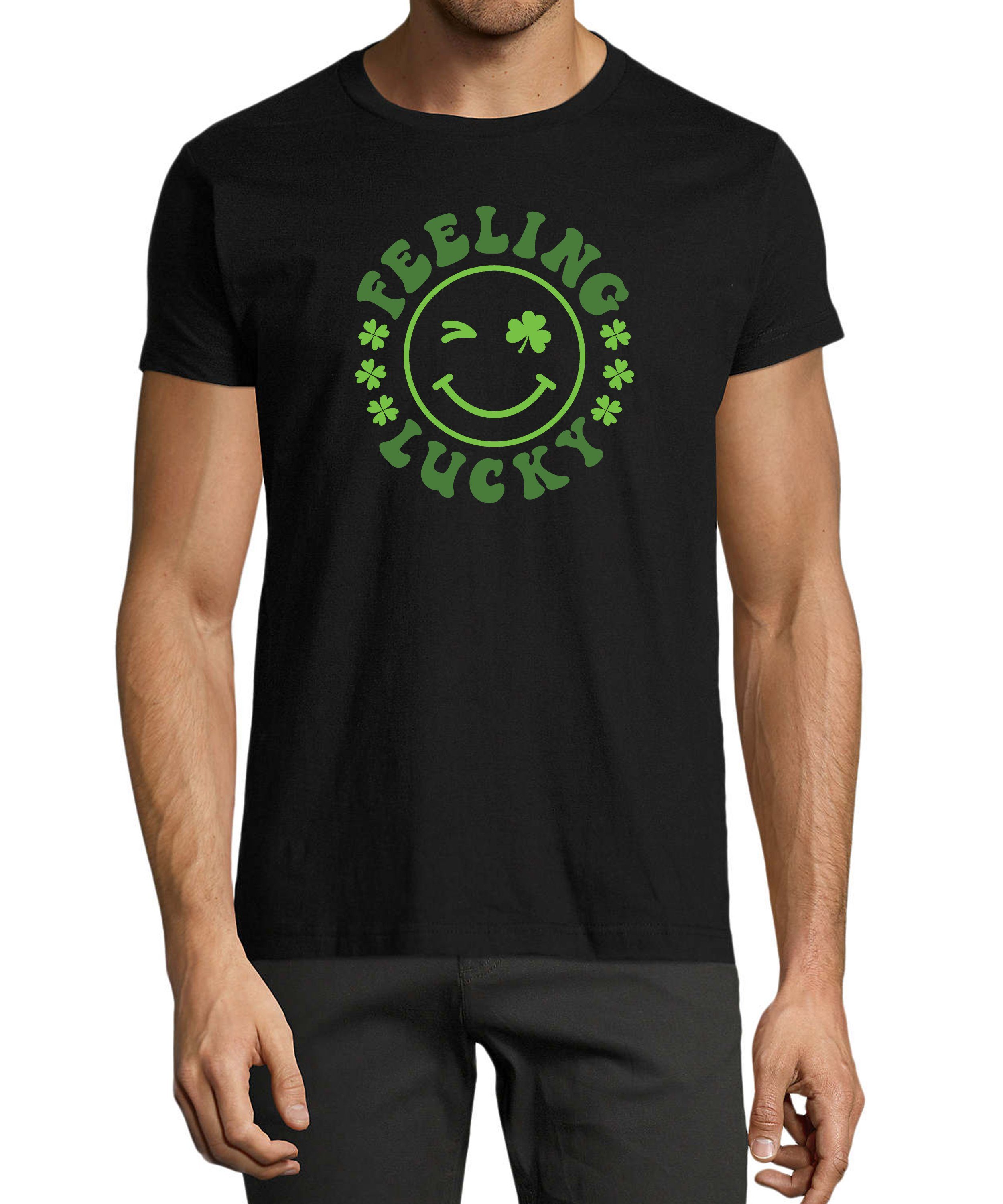 MyDesign24 T-Shirt Herren Smiley Print Shirt - Zwinkernder Smiley mit Kleeblättern Baumwollshirt mit Aufdruck Regular Fit, i295 schwarz | T-Shirts