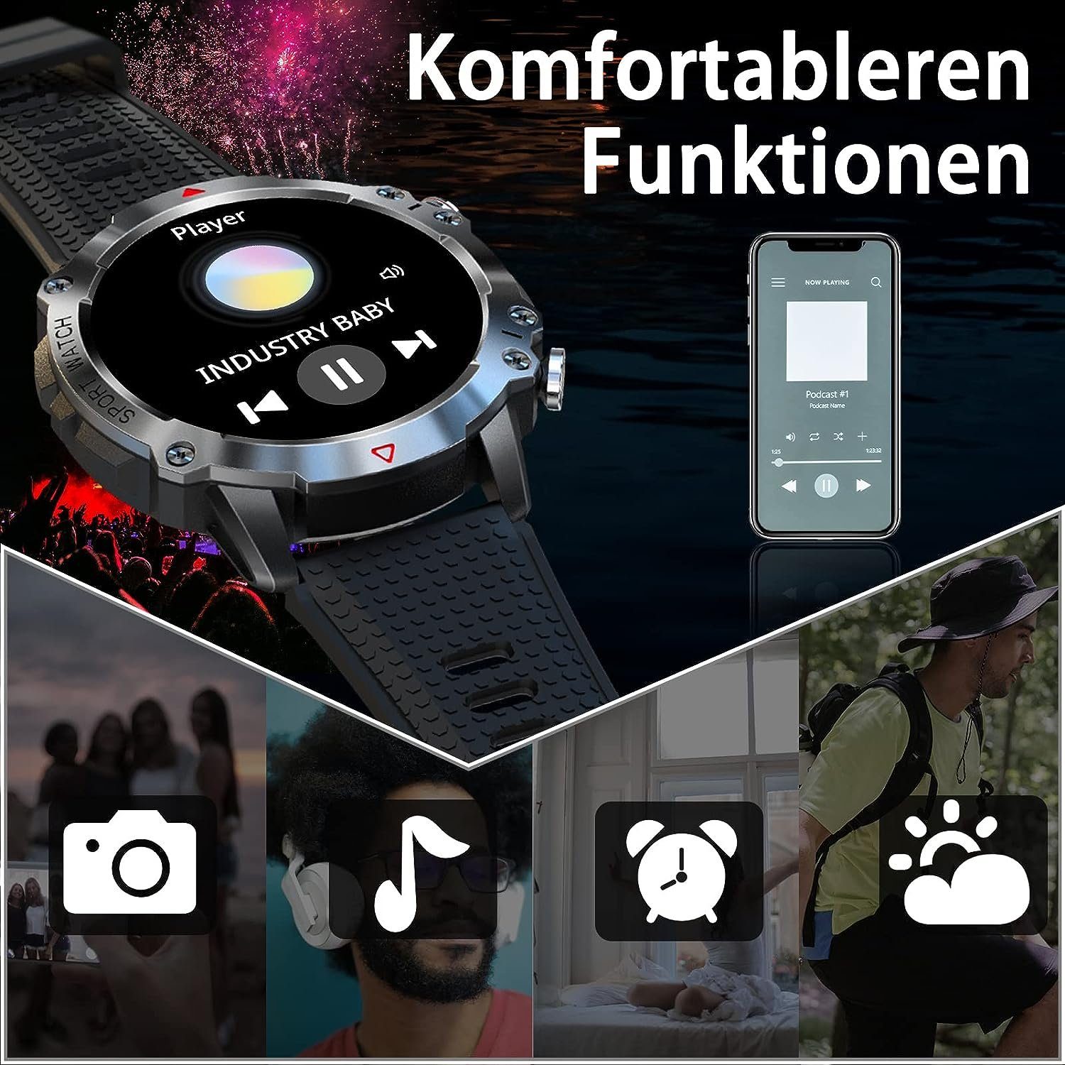 Phipuds Smartwatch (1,32 Zoll, Android iOS), Herren Telefonfunktion  Wasserdicht Sportuhr SpO2 100+Sportmodi 450mAh