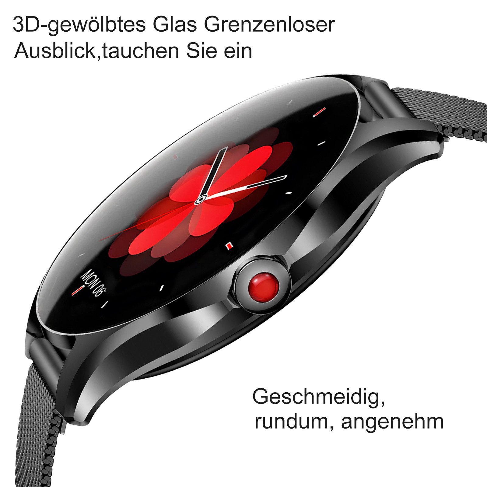 Sytifro Smartwatch Damen, 3D-Kugelglas, AMOLED Always-On, 300 mAh (7 Tage) Smartwatch (1.32" cm), Fitness Tracker Armbanduhr mit Schrittzähler, Blutsauerstoff, Schlafüberwachung, AI Voice und SNS-Benachrichtigung etc., Bluetooth 5.3 Sportuhr, IP67 wasserdicht, unterstützt 120+ Sportmodi, verfügbar für Android 4.4+ / iOS 10.0+