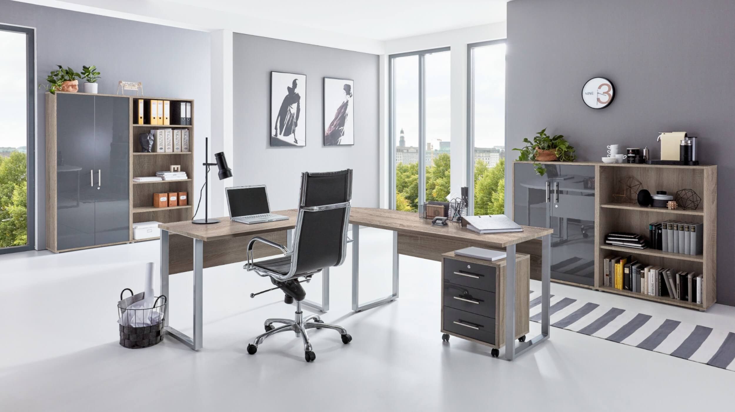 moebel-dich-auf Büromöbel-Set TABOR PRO Set 1, (abschließbar, 7-tlg., Winkelschreibtisch + Rollcontainer + 2 Aktenschränke + 2 Aktenregale), Metallgriffe