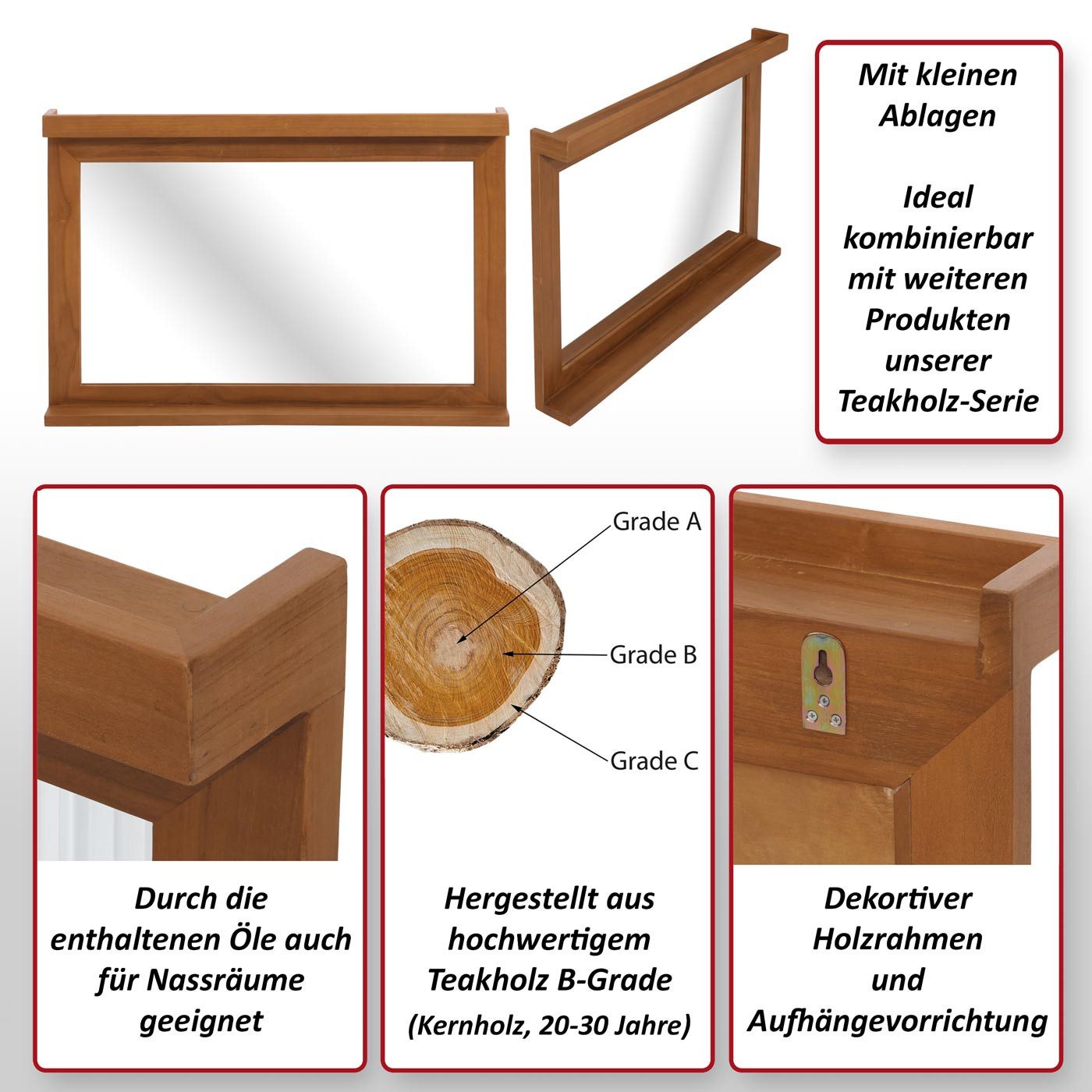 MCW Wandspiegel MCW-M87-S, Hochwertiges B-Grade-Teak (Kernholz, 20-30 Jahre)