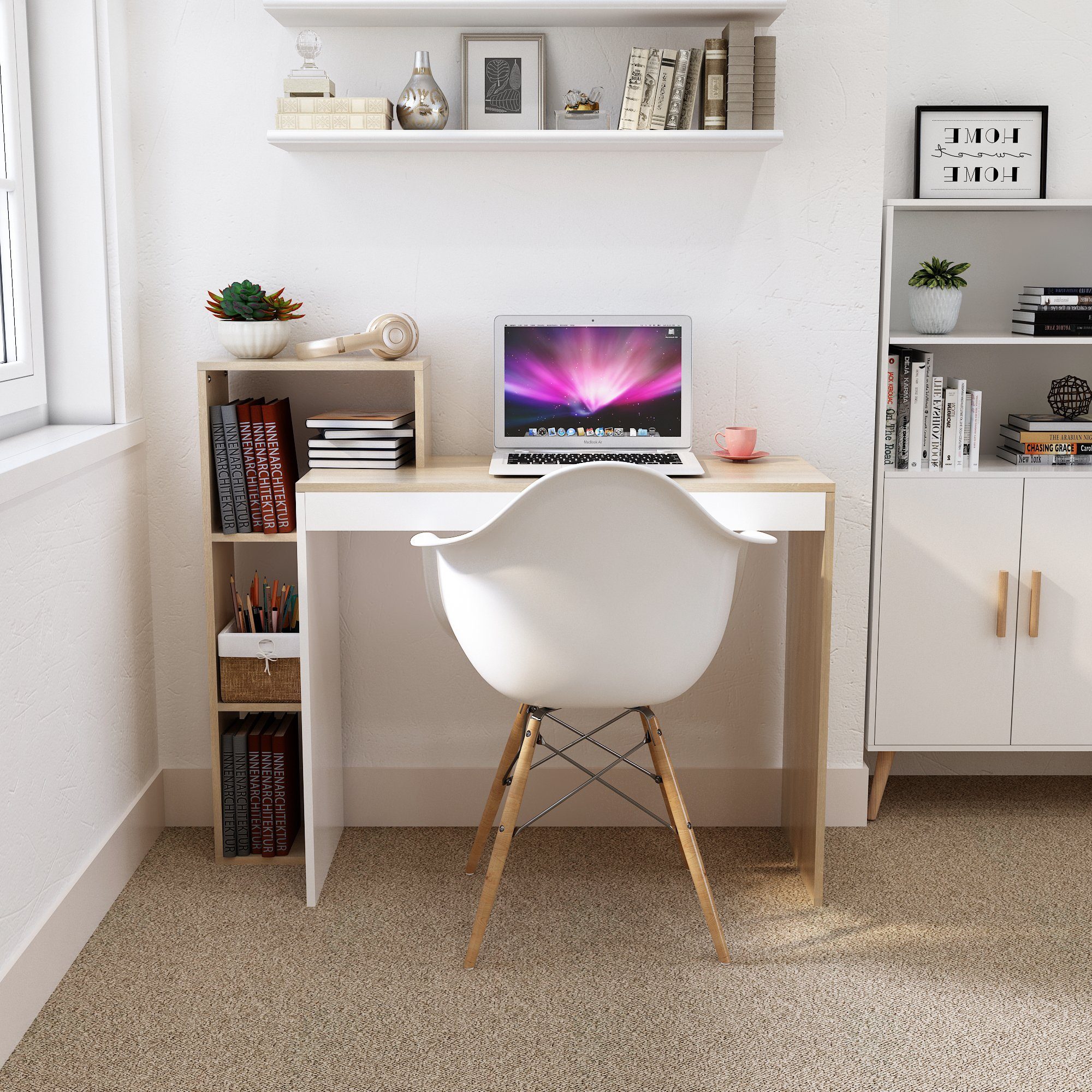 Computertisch, Weiß+Natur Mondeer Schreibtisch mit Ablagefach,