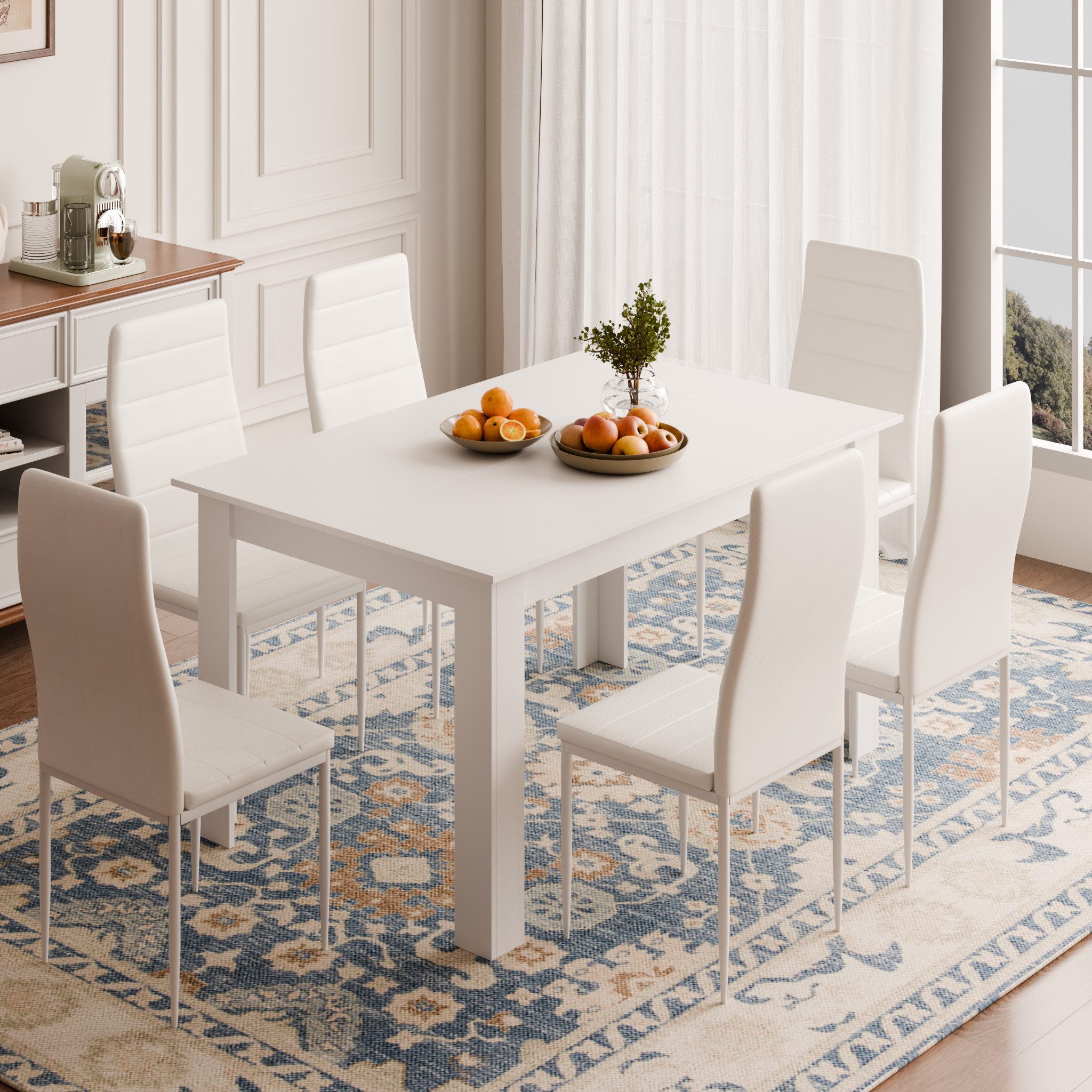 Mondeer Essgruppe Esszimmergruppe (Set, 7-tlg), 1 Tische mit 6 weiß Stühlen