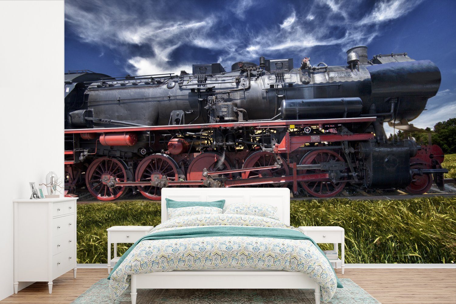 MuchoWow Fototapete Dampflokomotive auf einem Feld, Matt, bedruckt, (6 St), Wallpaper für Wohnzimmer, Schlafzimmer, Kinderzimmer, Vinyl Tapete