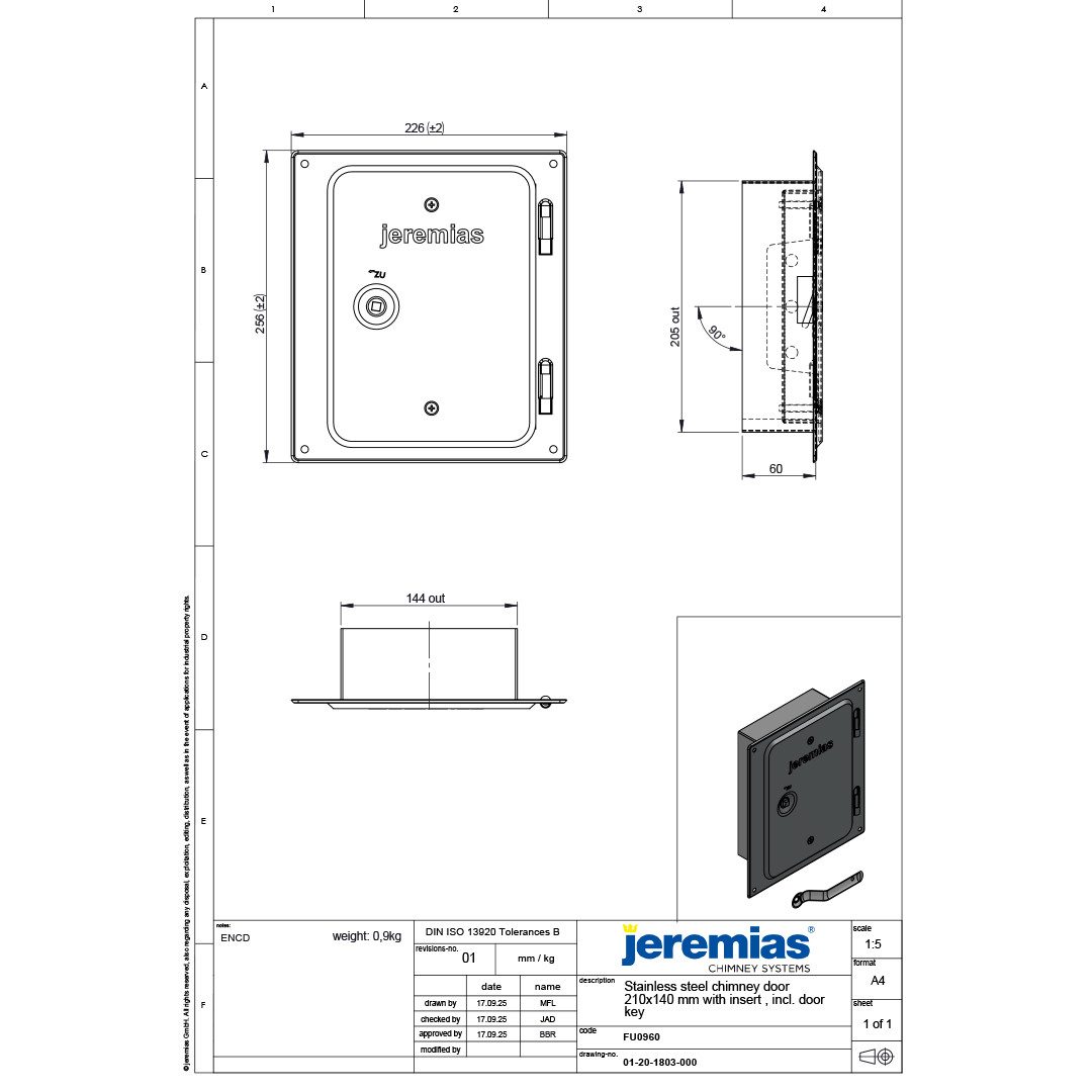 Jeremias Schornstein EW-FU Edelstahlkamintür 210 x 140 mm mit Schiebestutzen 60 mm (gerade)