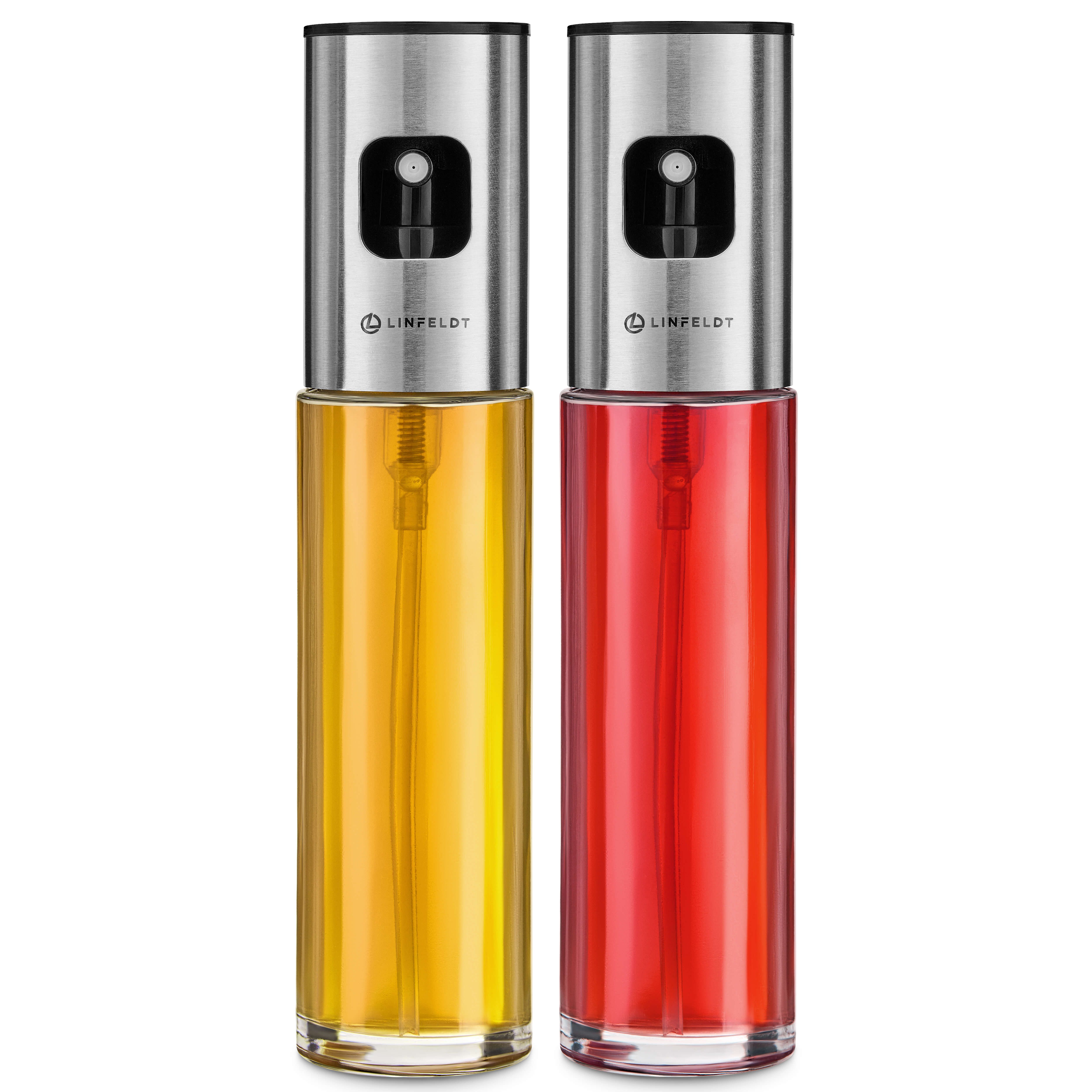 LINFELDT Ölspender 2er Set Edelstahl + Pinsel & Trichter zum Befüllen Öl Fein zersteuben