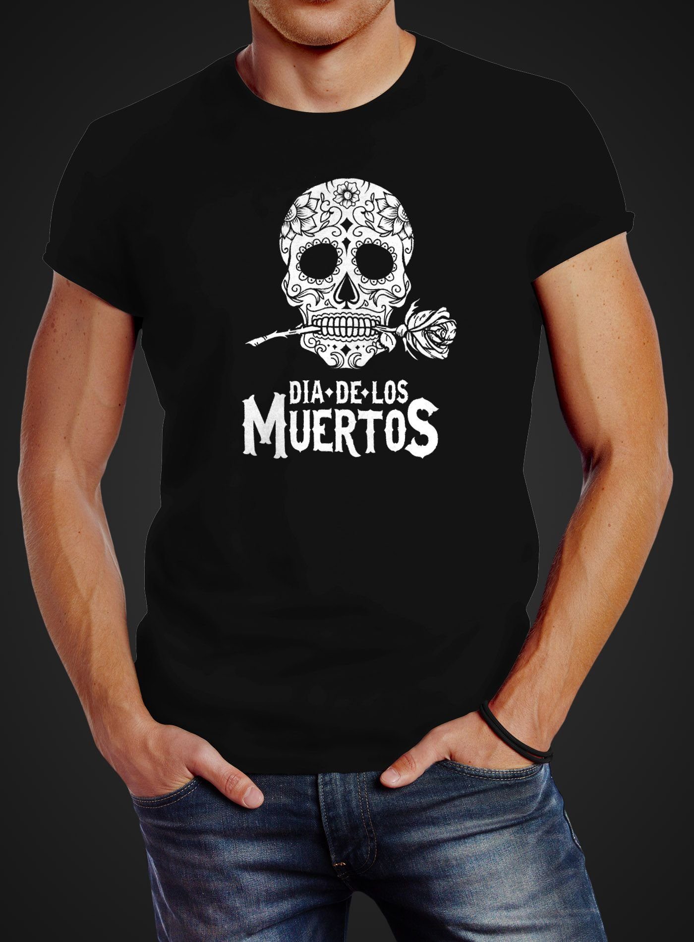 Print-Shirt Dia Muertos Fit Skull Print Neverless Herren Los mit Slim De Neverless® mit Sugar T-Shirt Blumen Totenkopf