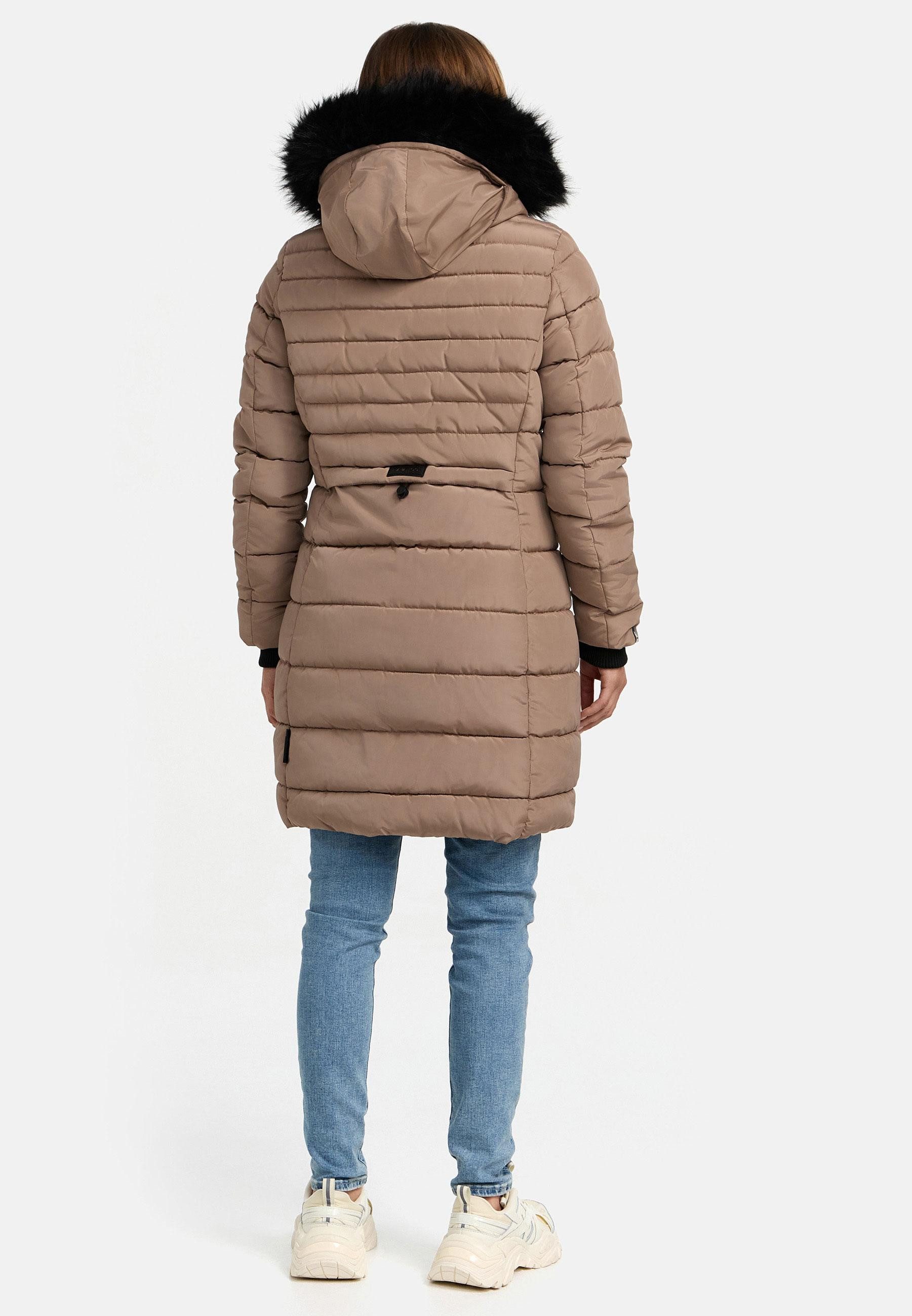 Navahoo Winterjacke Steppjacke lang mit Kapuze – Warm gefüttert Lange Winterjacke mit Teddyfutter und abnehmbarem Kunstfell – Bild 4 von 5