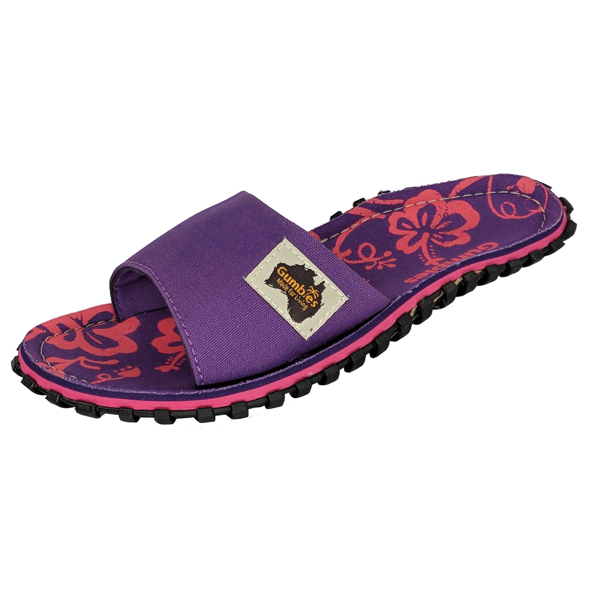 Gumbies Slides in recycelten »in Pantolette aus farbenfrohen Hibiscus Designs« Purple Materialien