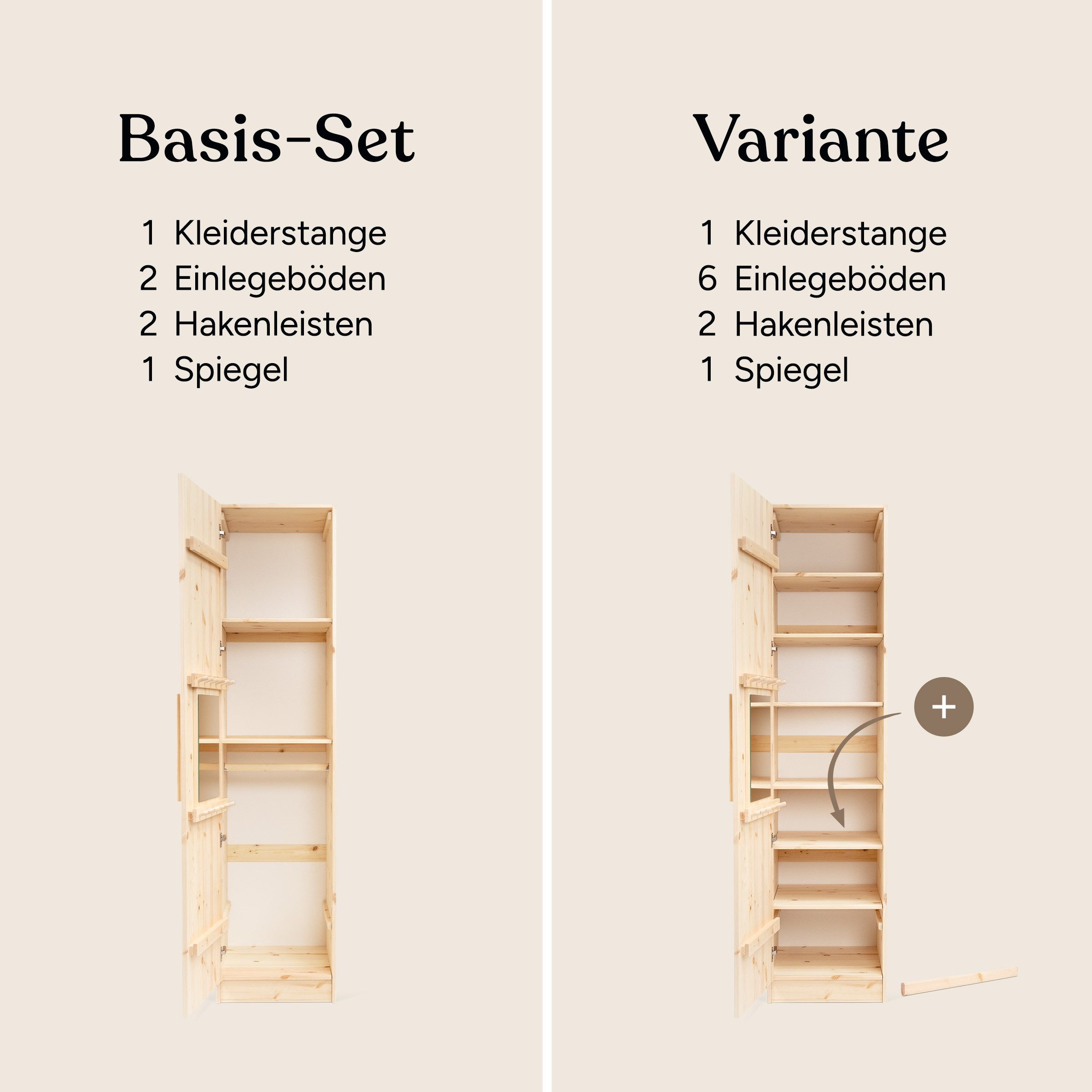 Ehrenkind Kleiderschrank Linia 50 cm schmal aus Kiefernholz (inkl. Kleiderstange und 2 Einlegeböden, flexibel anpassbare Innenaufteilung) mit Soft-Close-System und Wandbefestigung für Kippschutz