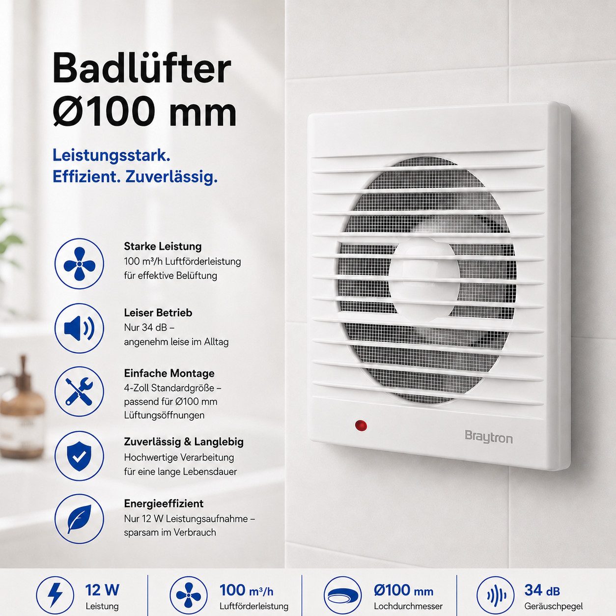 Braytron Badlüfter Wandlüfter WC Küche Ventilator Lüfter Ø100-160 mm Leise 100-260 m³/h, Energieeffizient, Leise, Leistungsstark