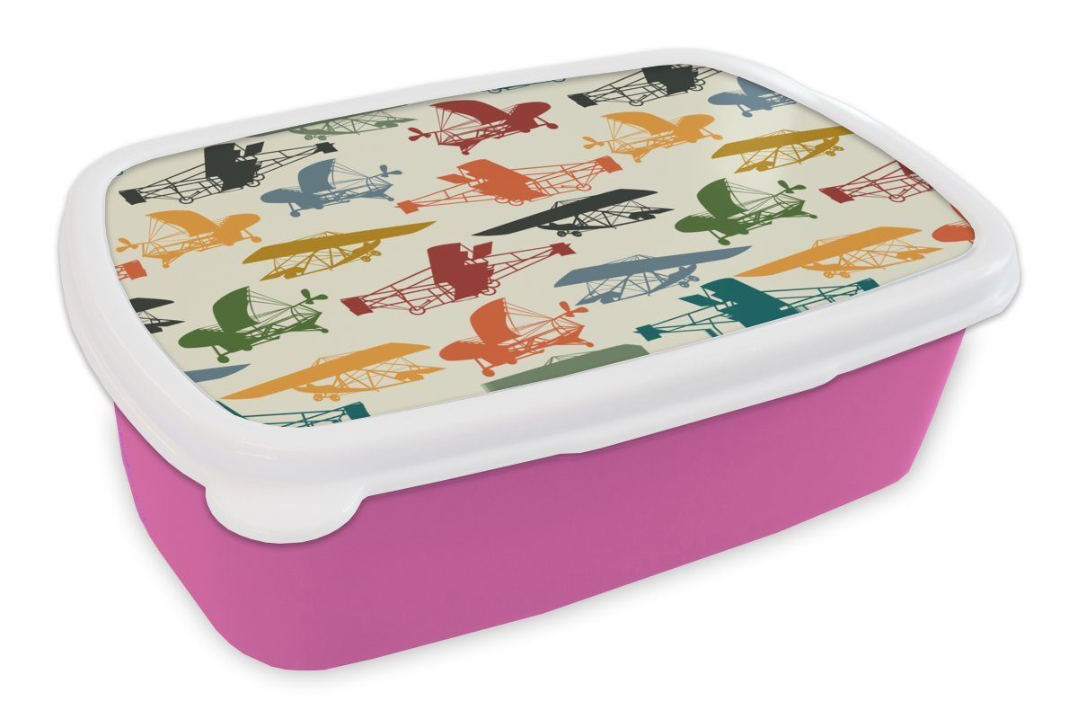 MuchoWow Lunchbox Muster - Flugzeug - Retro - Jungen - Kinder - Kleiner Junge, Kunststoff, (2-tlg), Brotbox für Erwachsene, Brotdose Kinder, Snackbox, Mädchen, Kunststoff rosa