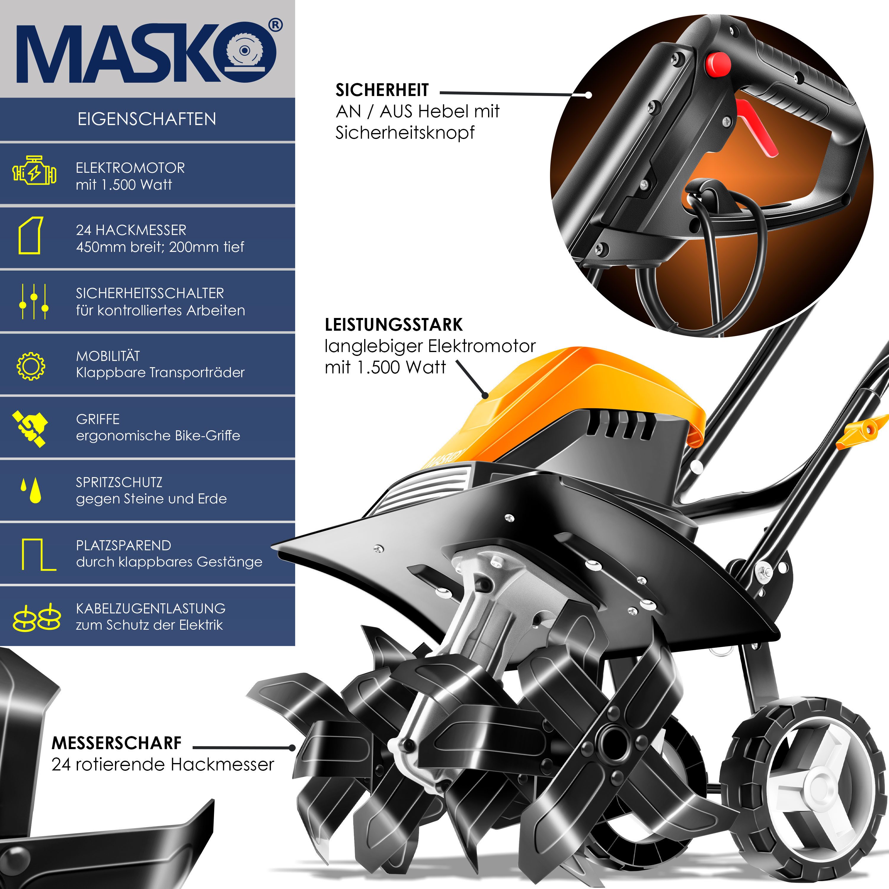 MASKO Elektromotorhacke, Gartenfräse elektrische Motorhacke 1500 Watt 40cm Arbeitsbreite 20cm