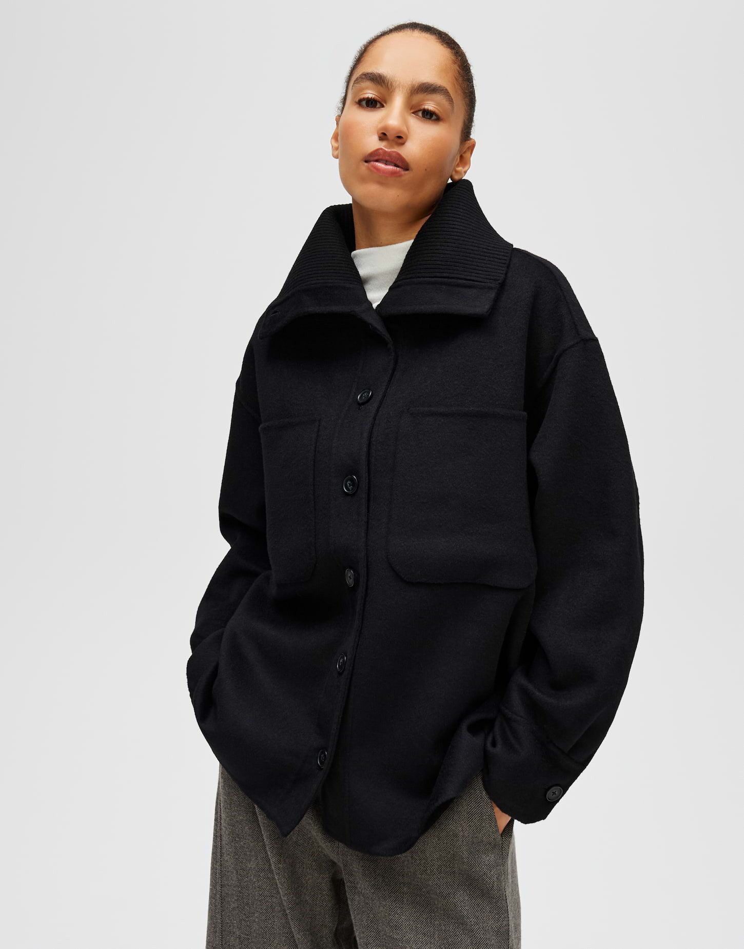 OPUS Wolljacke JOSIA mit breitem Strickkragen überschnittene Schulter mit Langarm, aufgesetzte Taschen vorne
