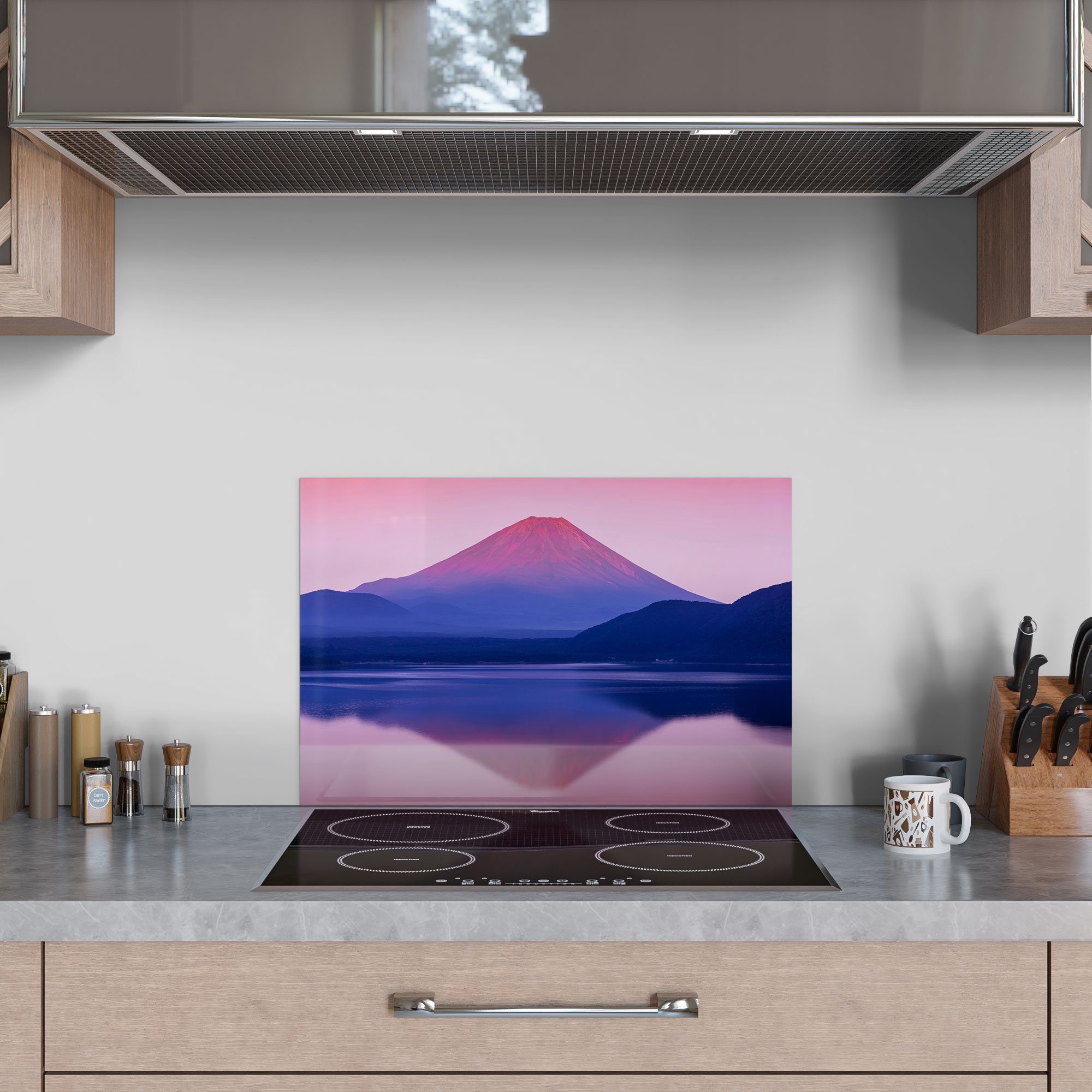 DEQORI Küchenrückwand 'See Motosu Spritzschutz Fuji', Mt. Badrückwand und Herdblende Glas