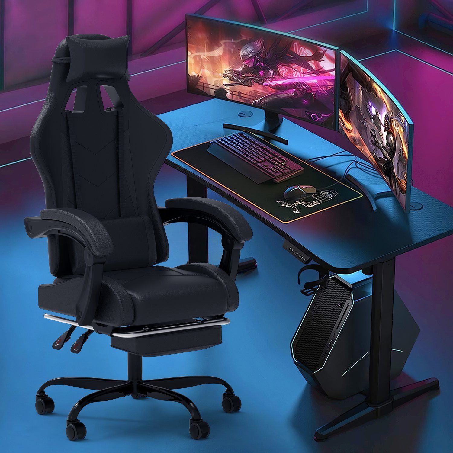 Stuhl Chair einstellbar Gaming Fußstütze, Massage 90-135° GUNJI Rückenlehne Schwarz mit Gaming