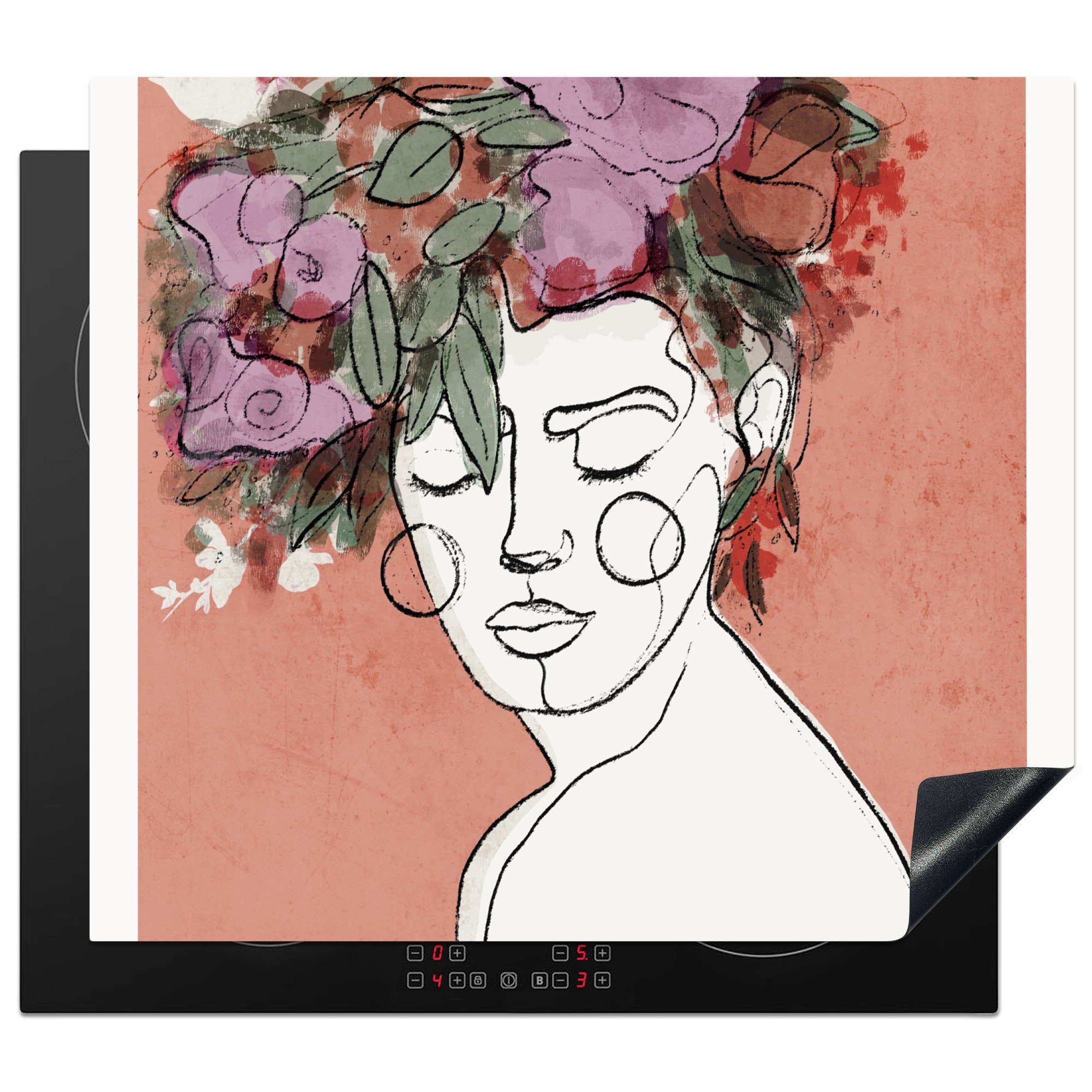 MuchoWow Herdblende-/Abdeckplatte Porträt - Frau - Blumen - Pastell, Vinyl, (1 tlg), 60x52 cm, Mobile Arbeitsfläche nutzbar, Ceranfeldabdeckung