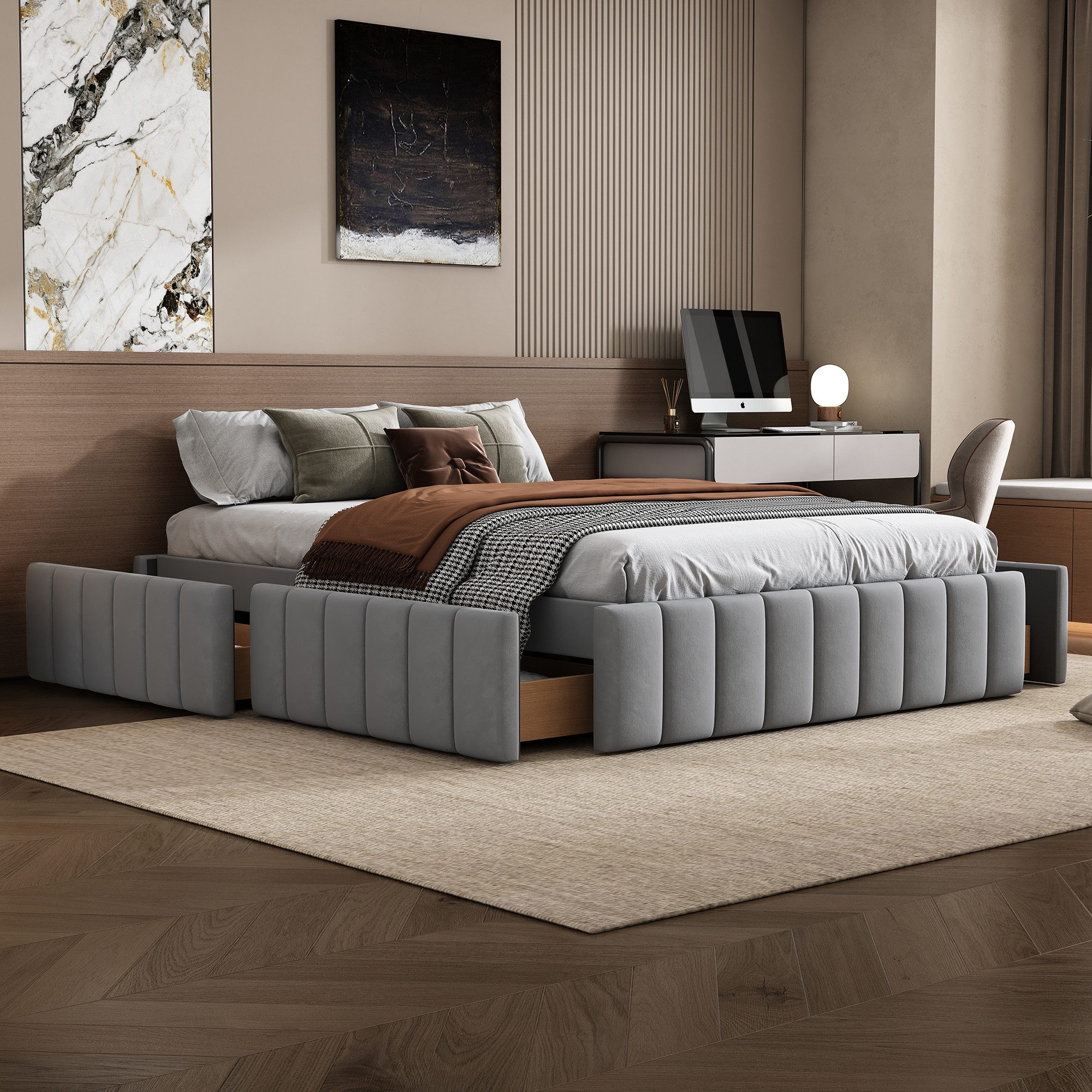 OKWISH Polsterbett Funktionsbett Stauraumbett Doppelbett Flachebett günstig online kaufen