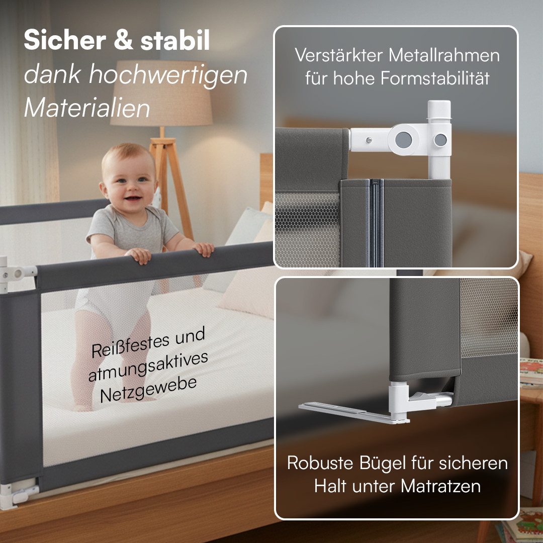 Bellabino Bettschutzgitter Drina höhenverstellbar 69–99 cm (150 cm breit, Dunkelgrau), Rausfallschutz, klappbar & kombinierbar, verfügbar in B 150/180/200 cm
