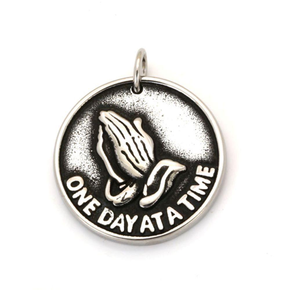 Anhänger Set Anhänger betende Hände "one day at a time" Silber aus Edelstahl Unisex