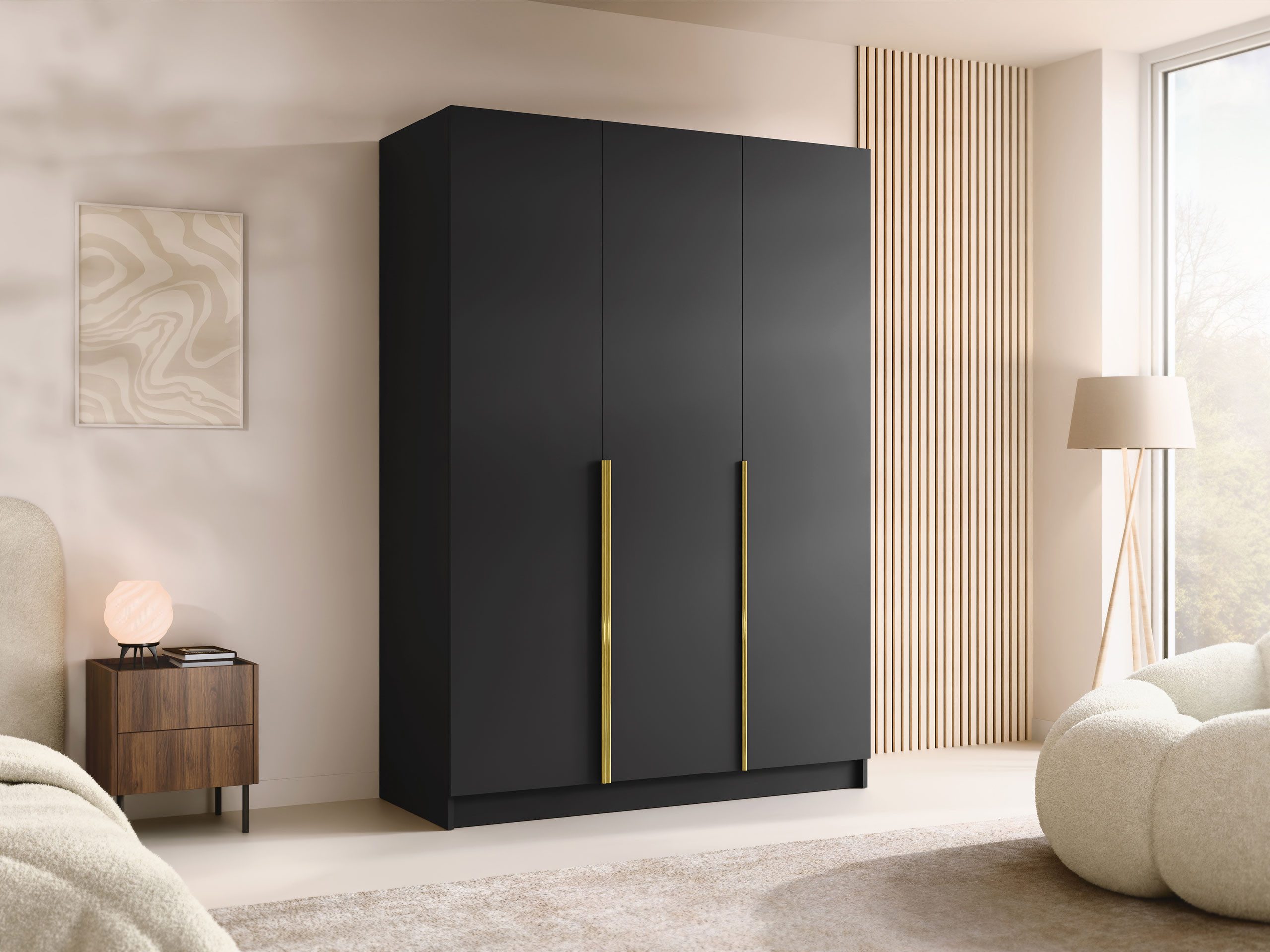 MIRJAN24 Kleiderschrank Calia I (mit drei Drehtüren) Kleiderstange, Metallgriffe