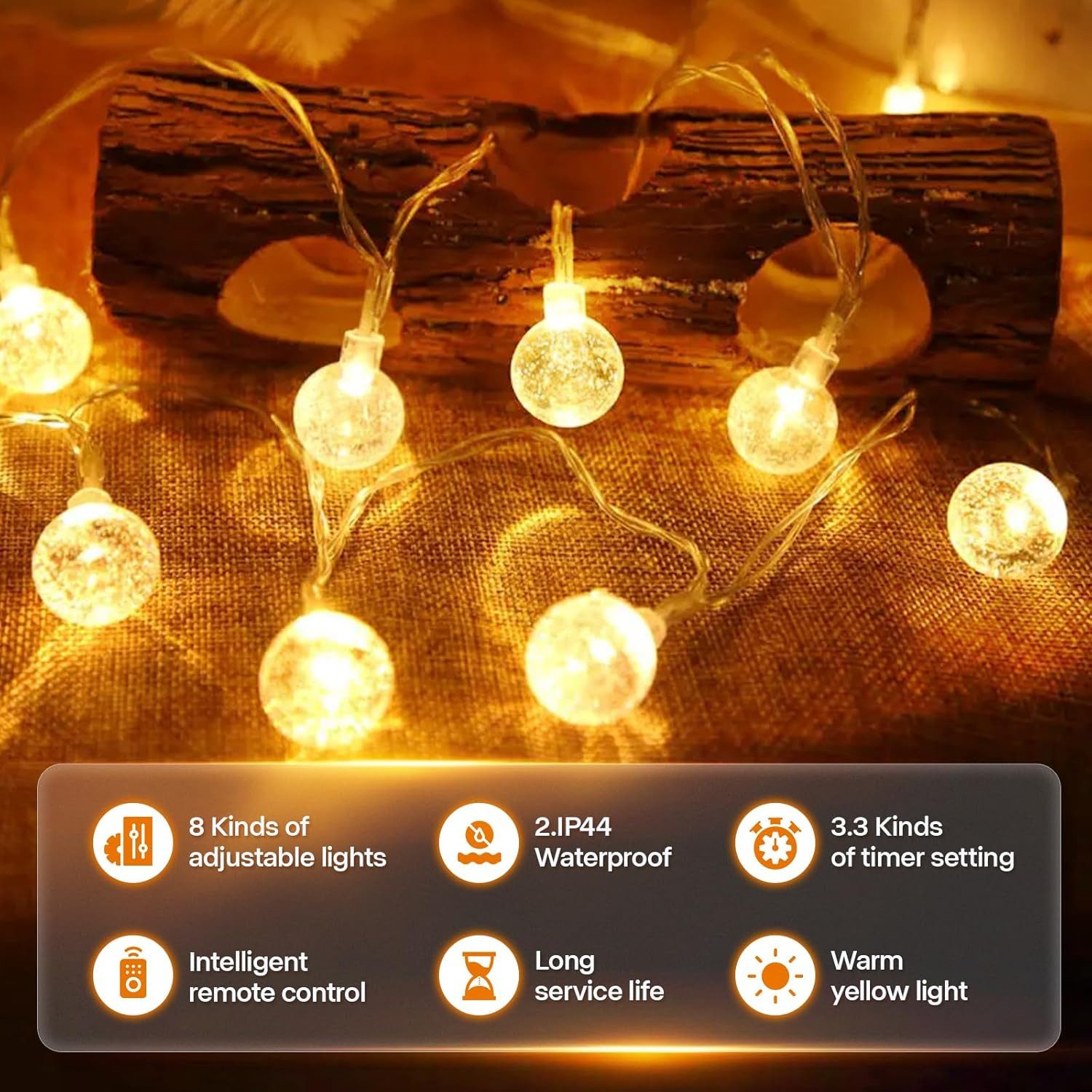 kowdom Lichterkette LED Lichterkette 15m Kugel 8 Modi dimmbar für Innen & Außen IP44, 15m, 100 LEDs, warmweiß, dimmbar, Timer, IP44