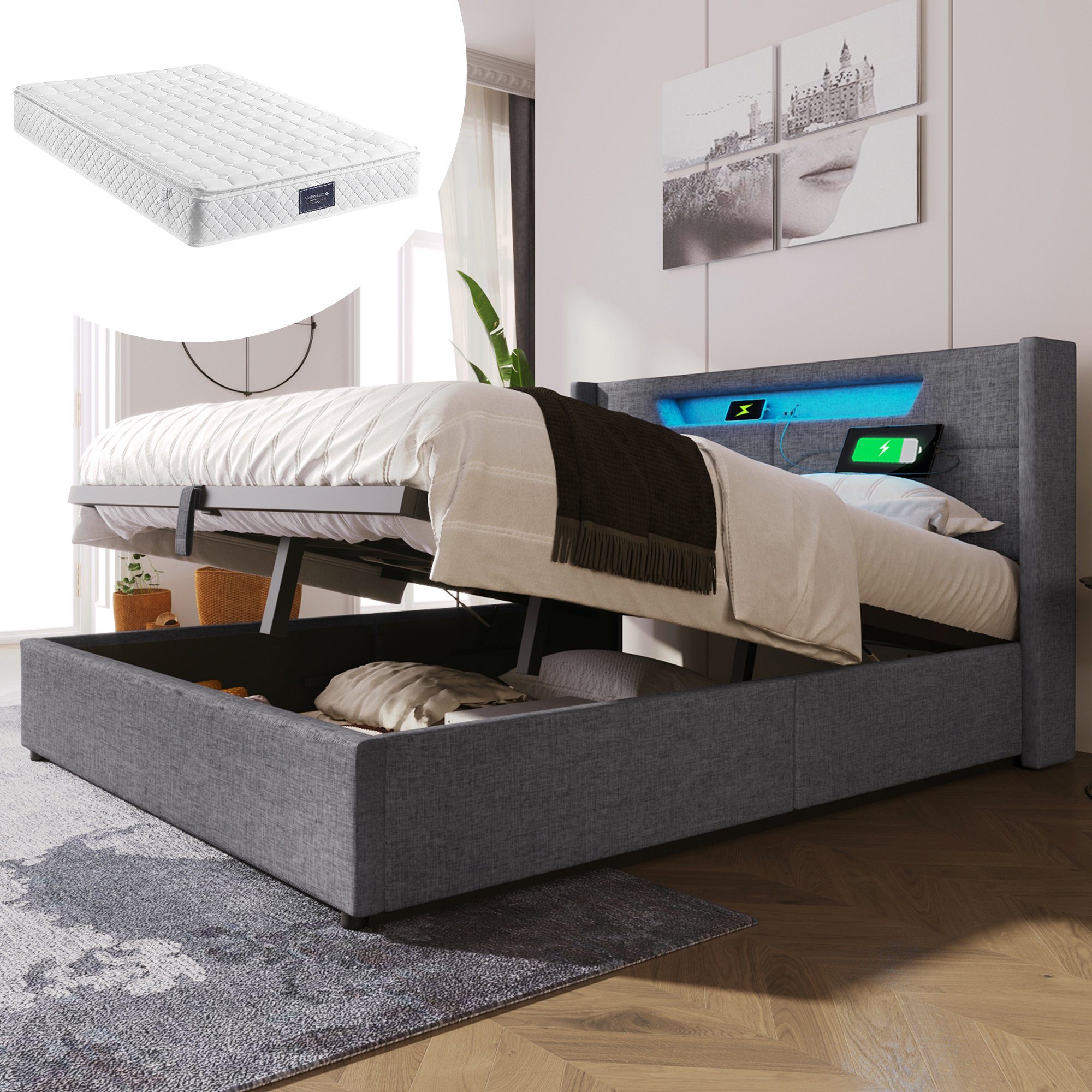 Polsterbett (Hydraulisches Bett mit Lattenrost und LED-Beleuchtung), Stauraumbett mit USB Typ C Ladefunktion Kopfteil, Leinen, 160x200cm
