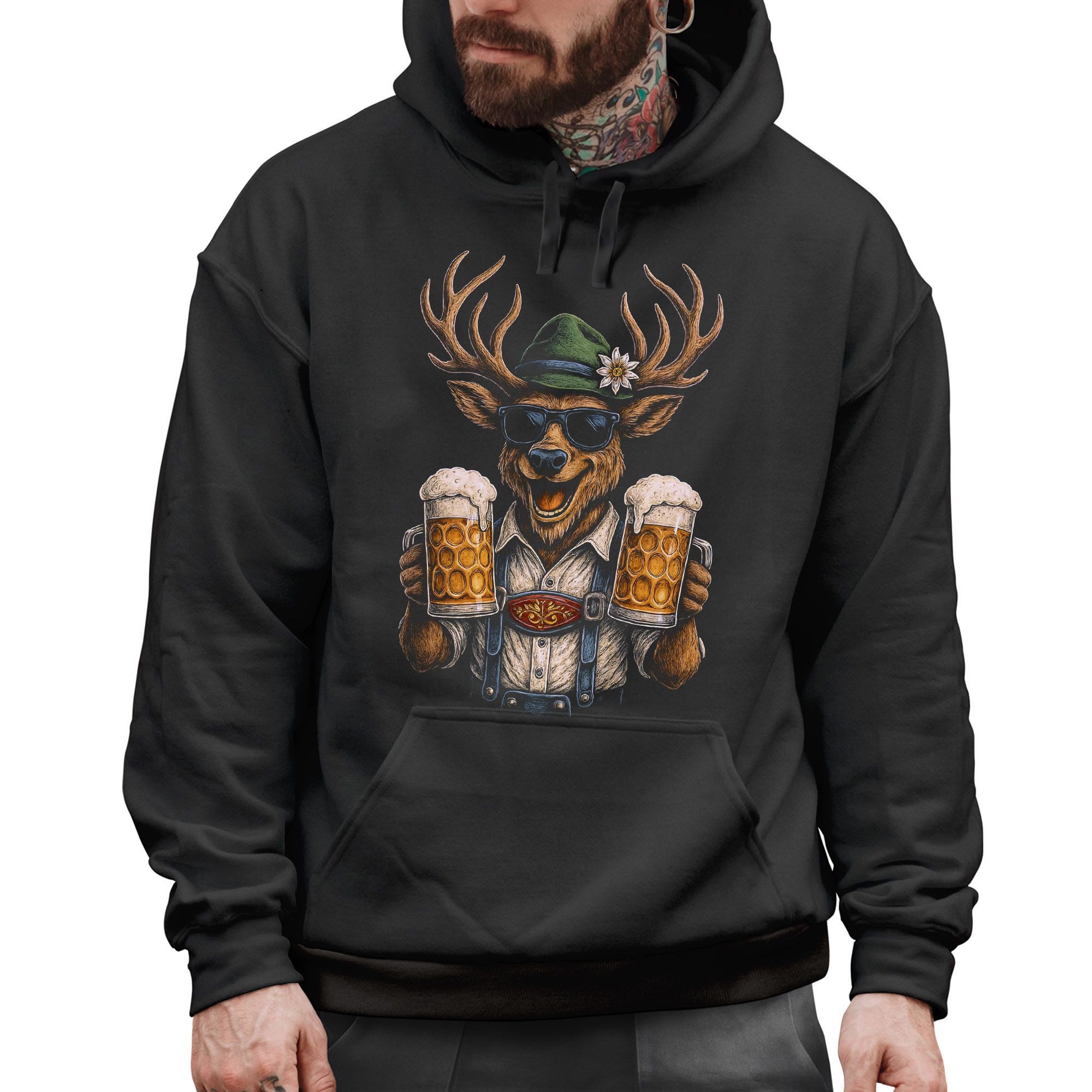 MoonWorks Hoodie Hoodie Herren für das Oktoberfest Hirsch Maßkrüge Bier Trachtenlook