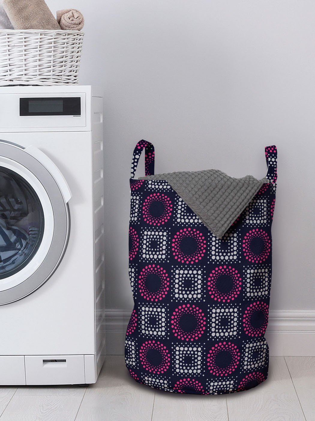Waschsalons, Wäschekorb mit Squares-Kreis-Punkte für Wäschesäckchen Griffen Abakuhaus Geometrisch Kordelzugverschluss