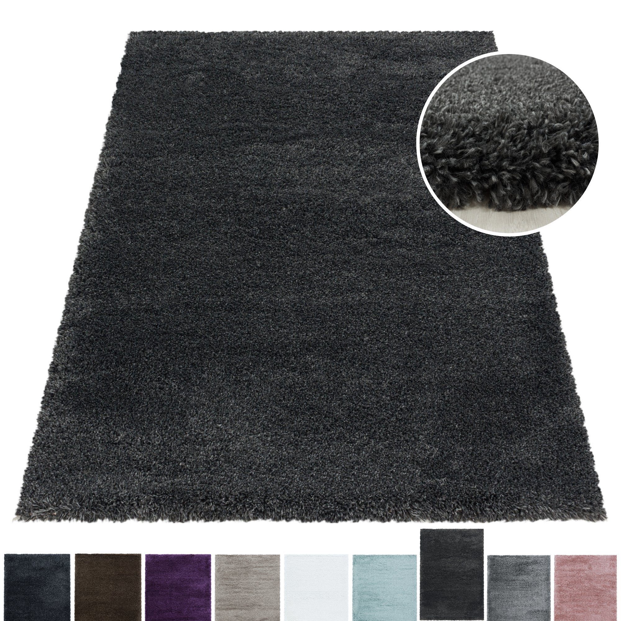 Hochflor-Teppich Teppich Hochflorteppich Shaggy Unifarben kuschelig Wohnzimmer, Miovani, Rechteckig, Höhe: 50 mm Grau