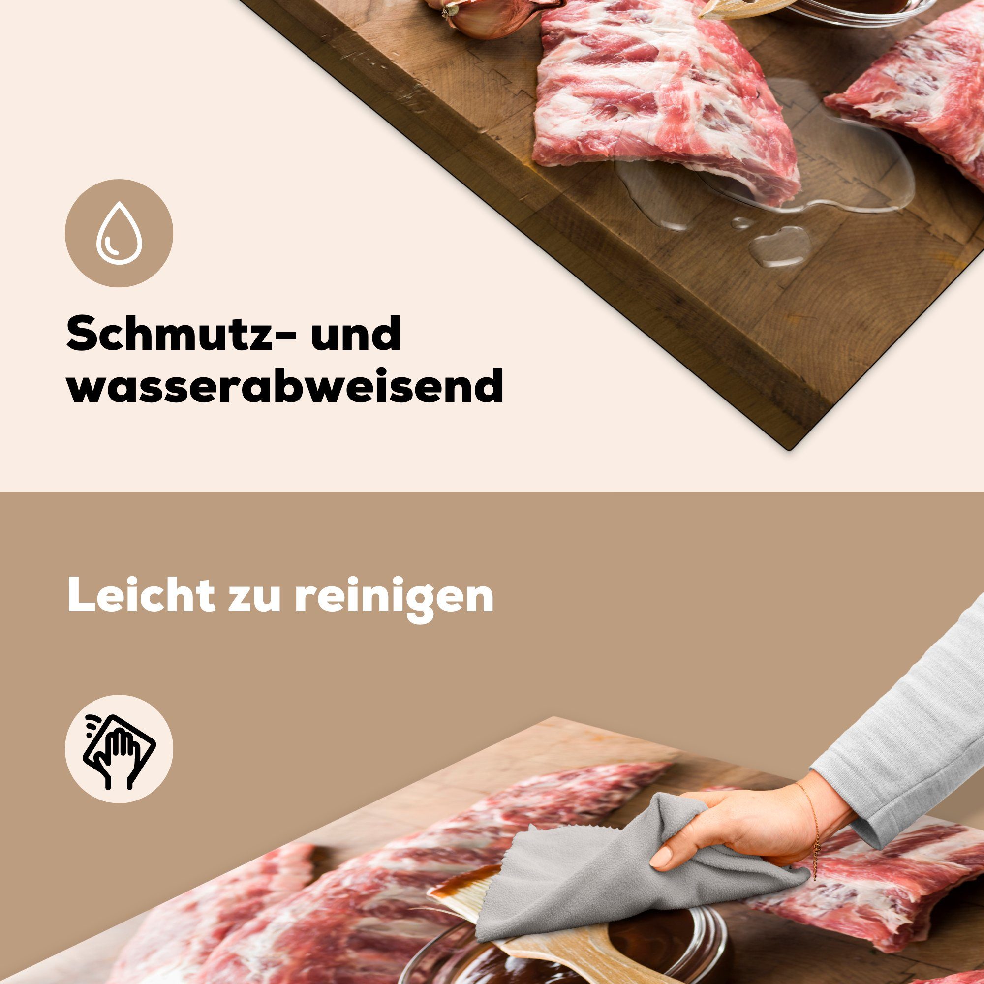 Herdblende-/Abdeckplatte Tablett einem Fleisches, (1 Arbeitsplatte Vinyl, mit Ceranfeldabdeckung, cm, küche für tlg), 78x78 des Rohe Spareribs MuchoWow Marinieren zum