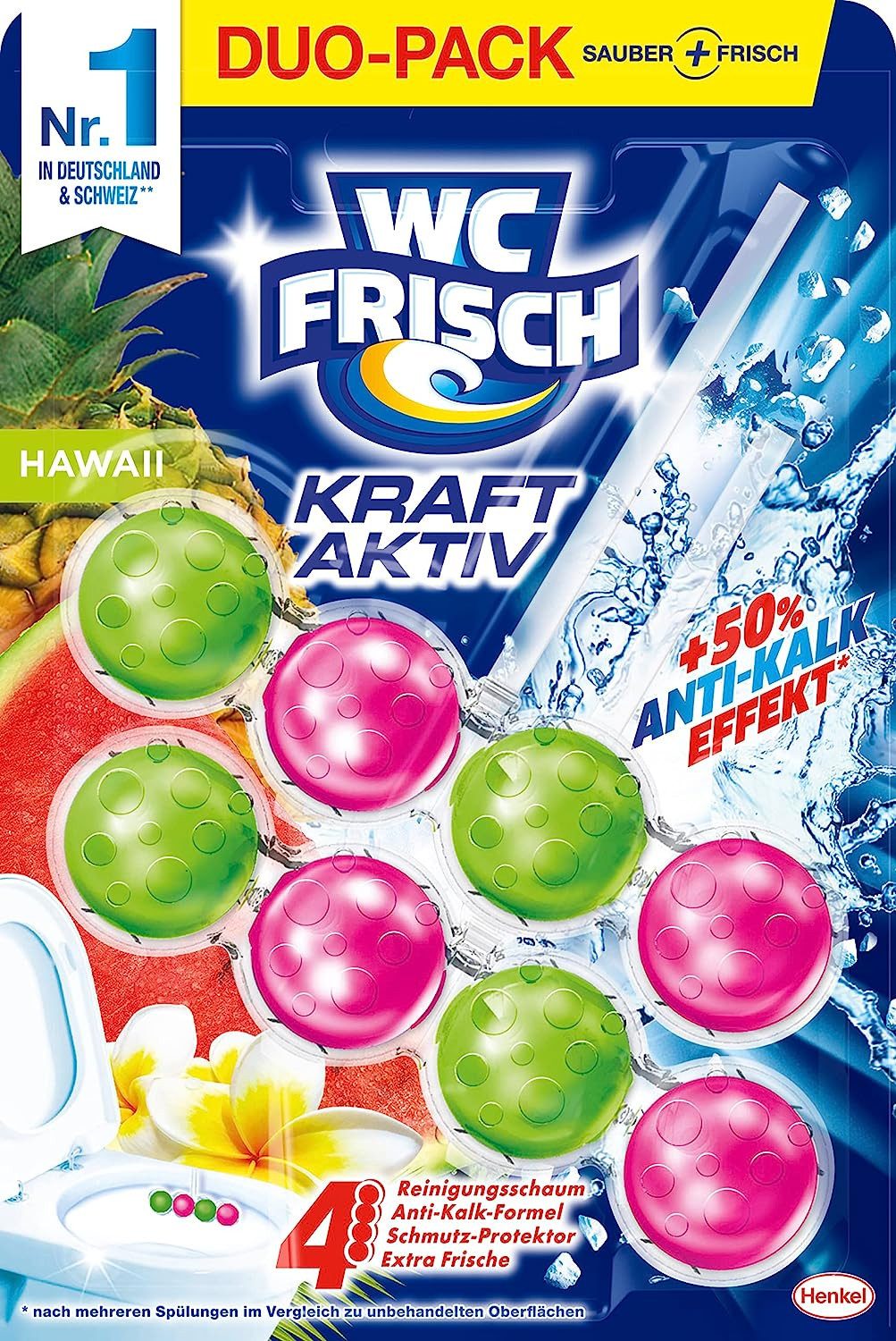 WC Frisch WC FRISCH Duftspüler Hawaii Kraft Aktiv Frische 100g WC-Reiniger (Doppelpack, [2-St. Duftsteine für langanhaltend frischen Duft + 50 % Anti-Kalk Effekt)