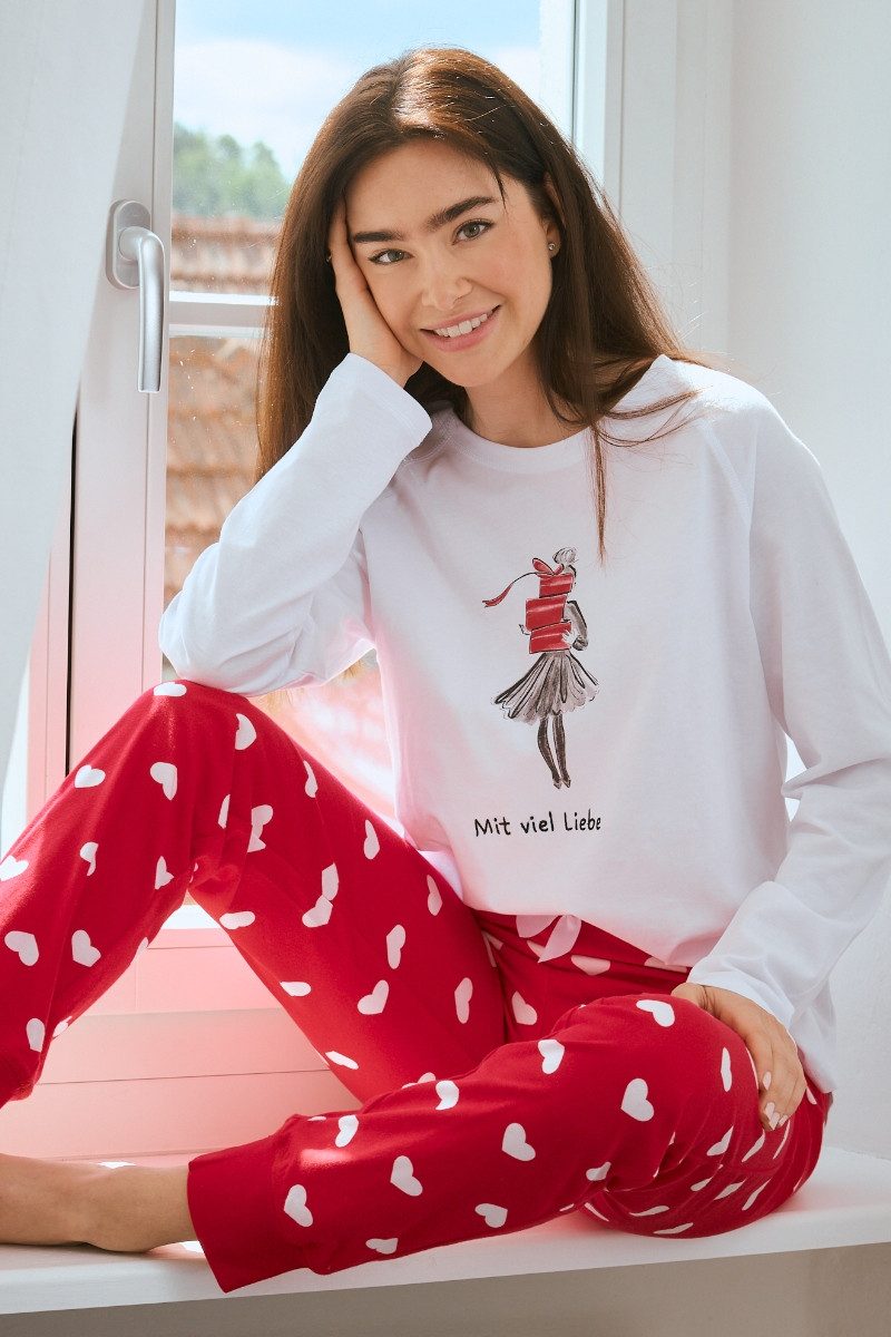 Schlafanzug Pyjama Damen - MIT VIEL LIEBE - weiß/rot