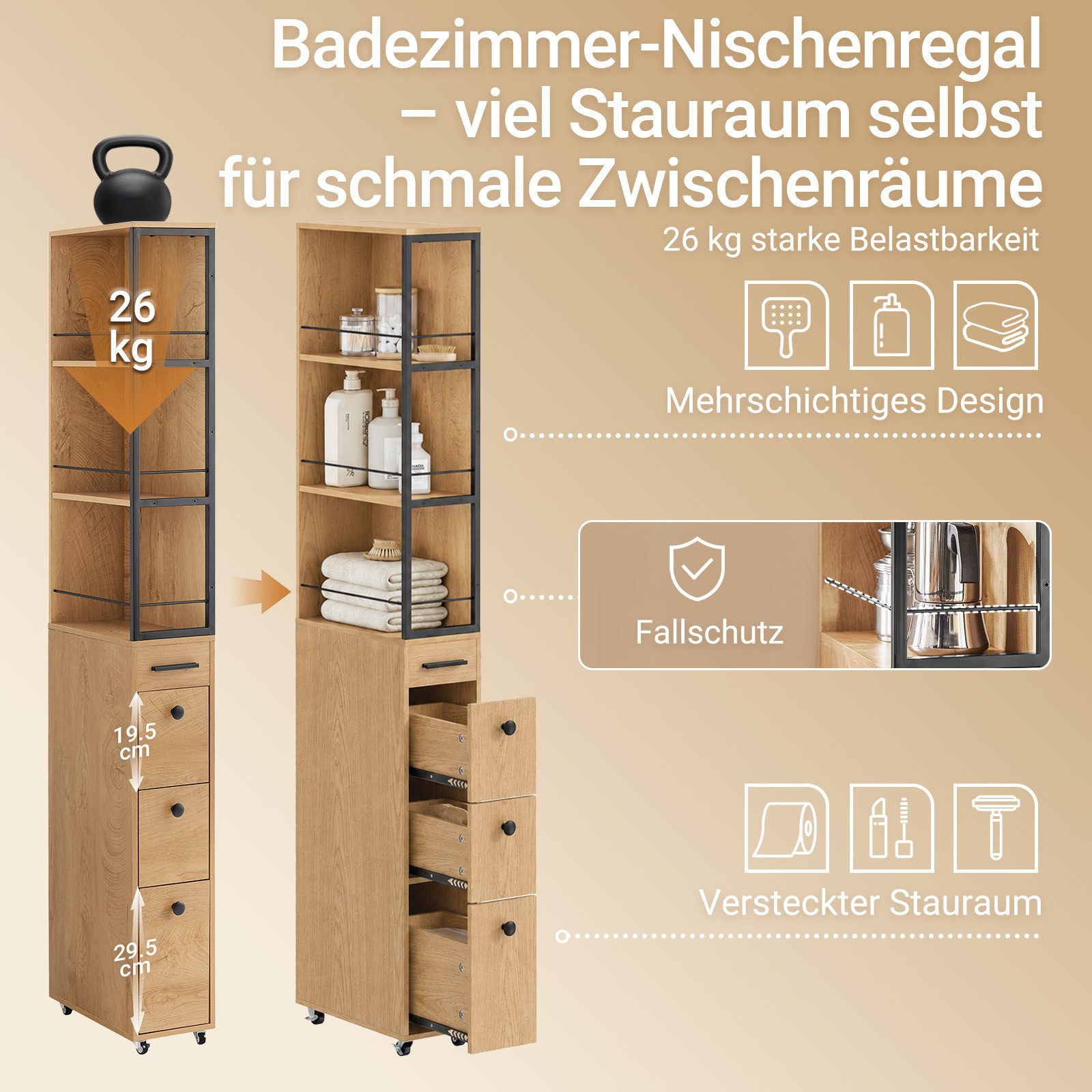 SoBuy Hochschrank NSR13, Küchenwagen, Badschrank, Nischenwagen schmal 20 cm, auf Rollen Apothekerschrank mit 3 Schubladen, 3 Ablagen für kleine Küchen, Bad – Bild 3 von 5