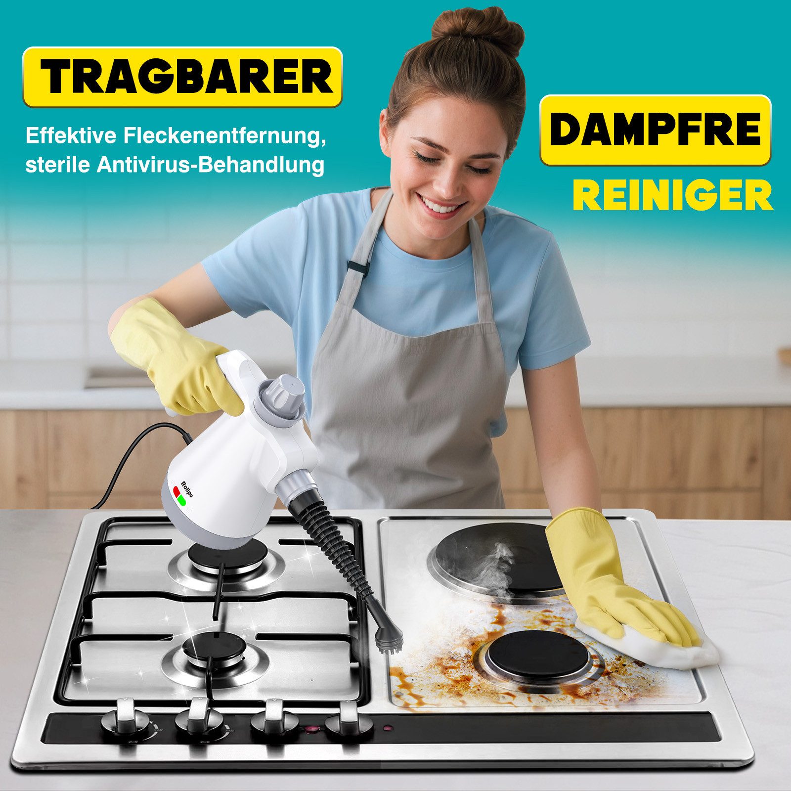 Rolipo Handdampfreiniger Dampfreiniger mit 12-Teiligem Zubehör, Steam Cleaner für Haushalt, 1050 W, für Haushalt, Küche, Bad, Fenster, Polster & Auto, 220-240V