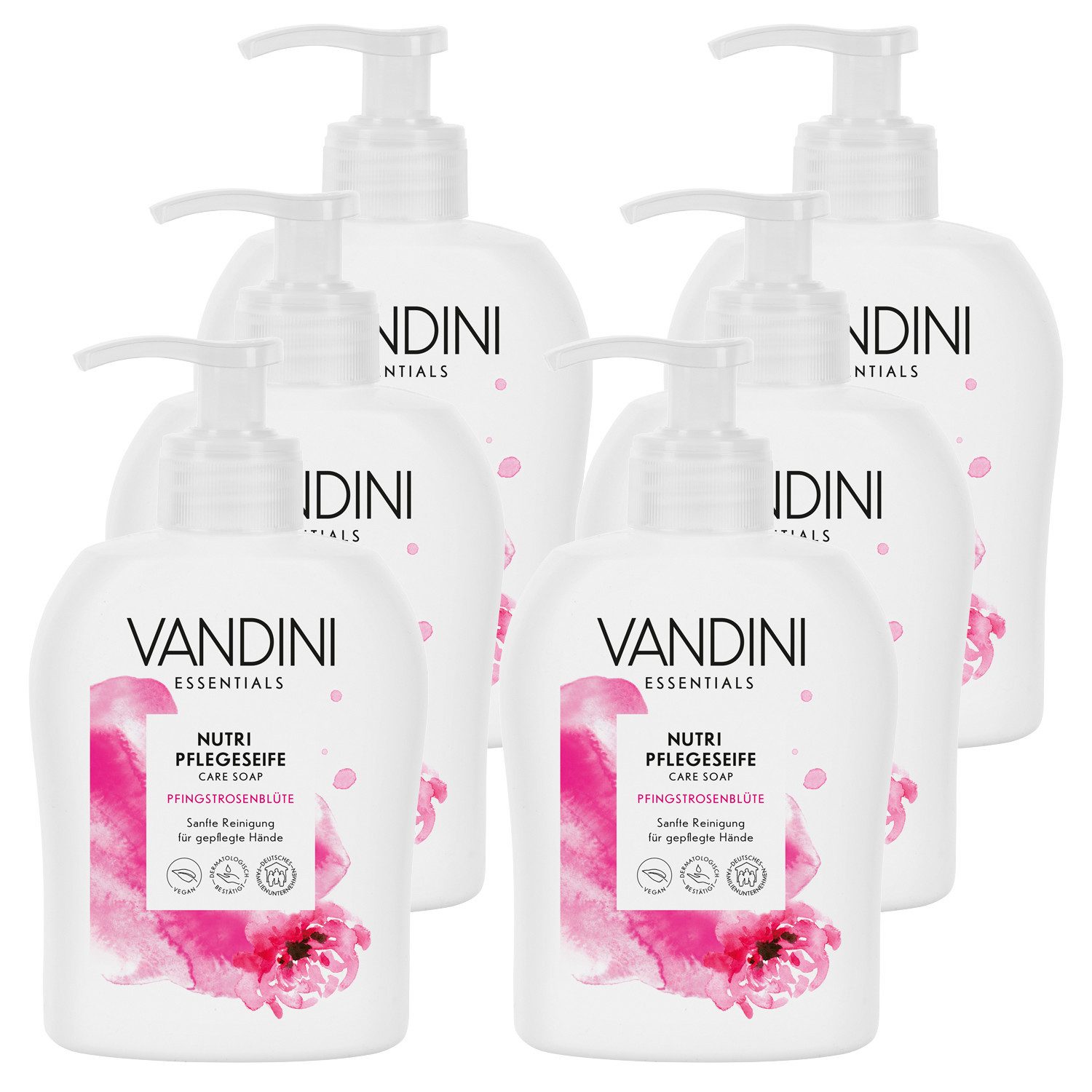 VANDINI Flüssigseife Nutri Flüssigseife Spender mit Pfingstrosenblüte Duft, vegan, 1800ml, 6-tlg.