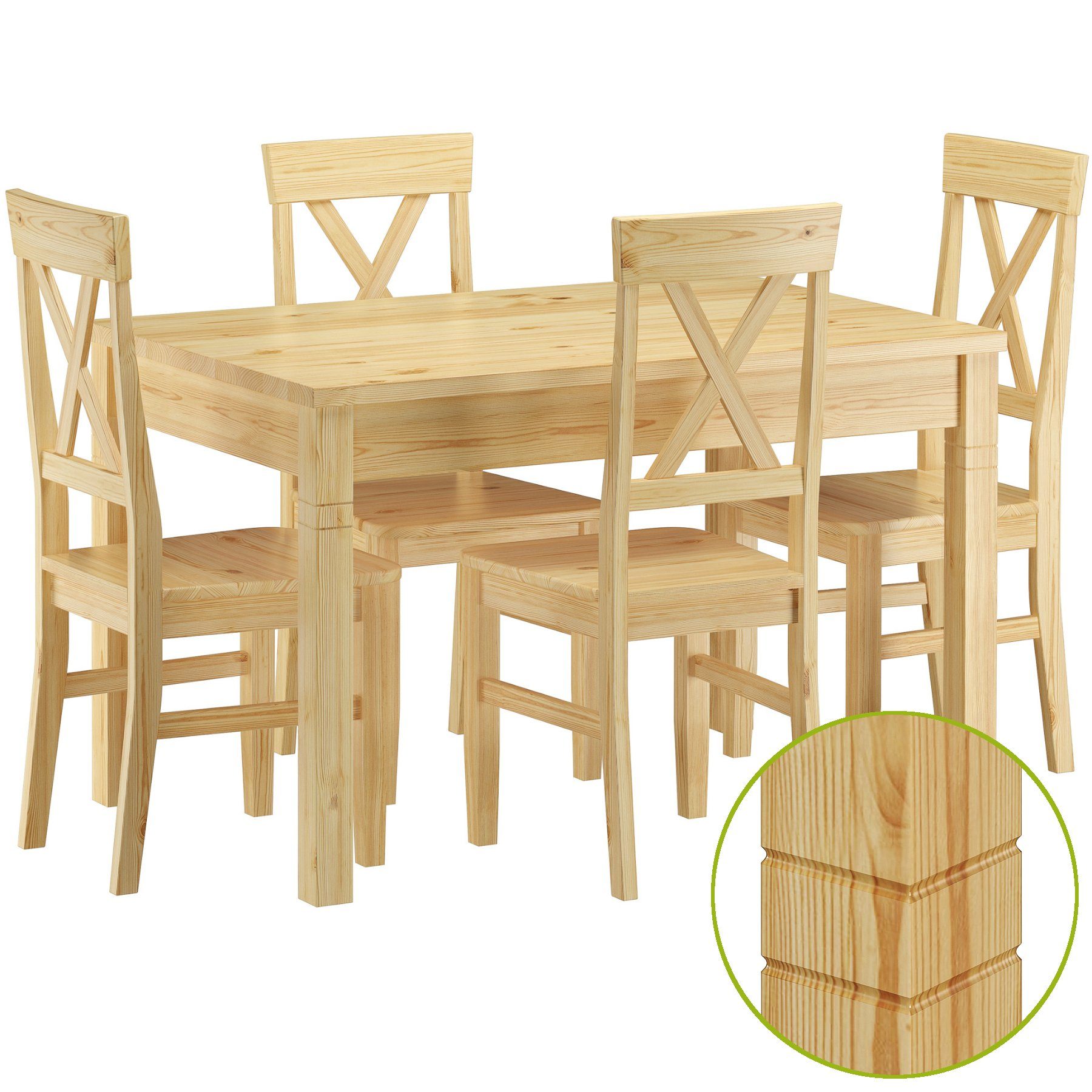 ERST-HOLZ Essgruppe Essgruppe Kiefer Massiv Tisch und 4 Stühlen Küchentisch Holzstühle