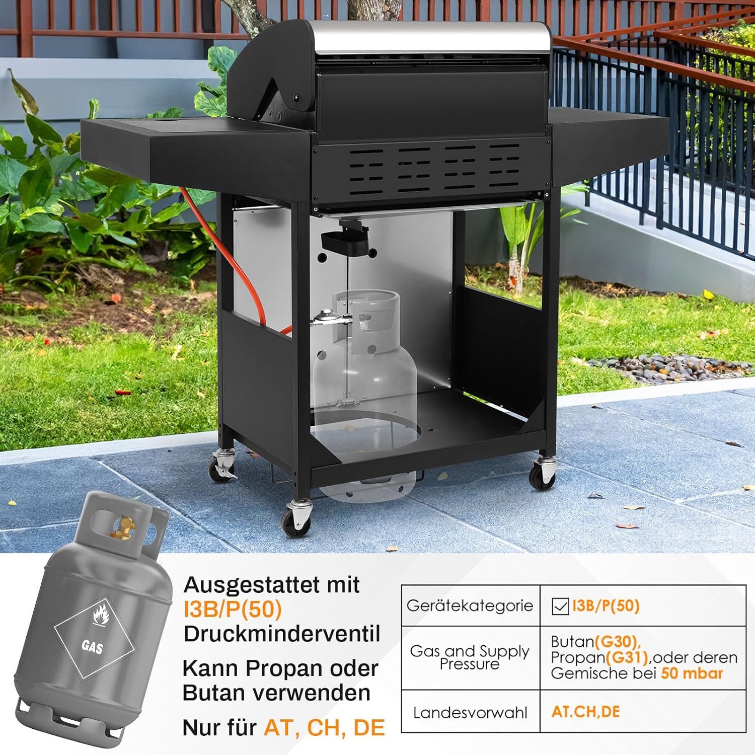 TLGREEN Gasgrill Grillwagen BBQ mit Seitenkochfeld, 3+1 Brenner,13,5 kw Gas, Standgrill,Grillküche Camping Garten