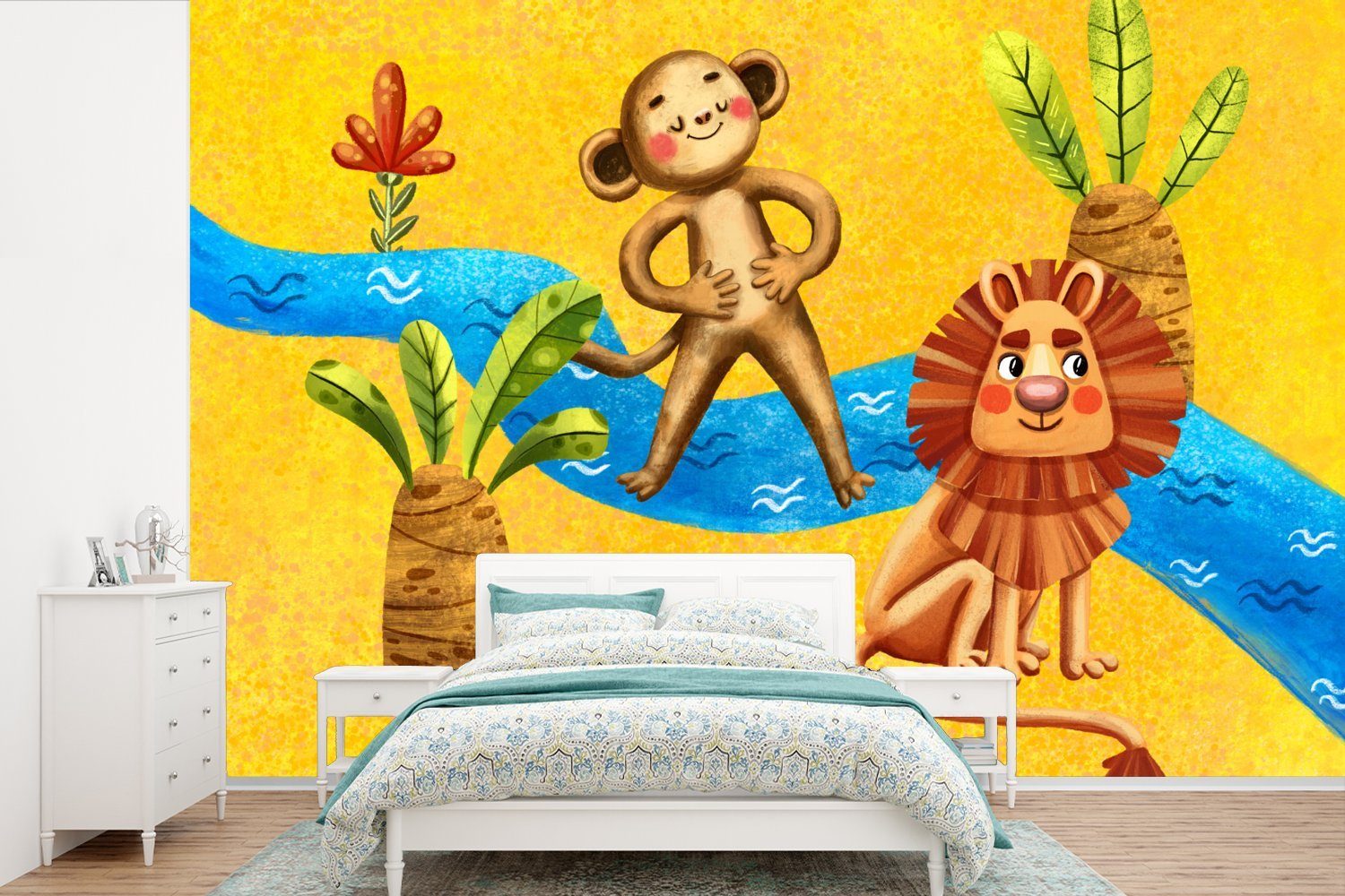 MuchoWow Fototapete Affe - Schlafzimmer, Wallpaper Vinyl Dschungel Löwe - Wohnzimmer, bedruckt, St), Kinderzimmer, Tapete Wasser, Matt, - für (6