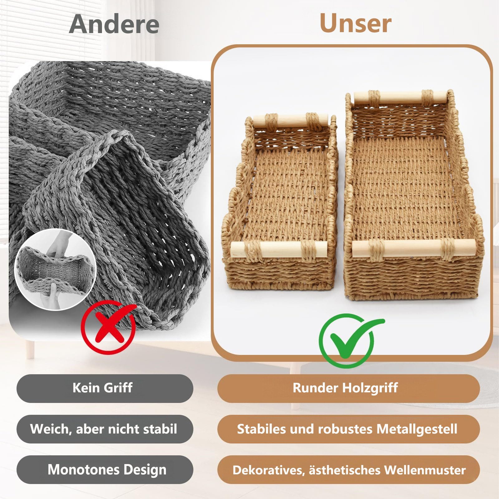 FOUORTUNATE-BEE Aufbewahrungskorb 2er Set Aufbewahrungskorb Geflochten Aufbewahrungkörb Badezimmer (Dekor Körbchen Wickeltisch Organizer Korb, 2 St., für Küche  – Bild 5 von 5