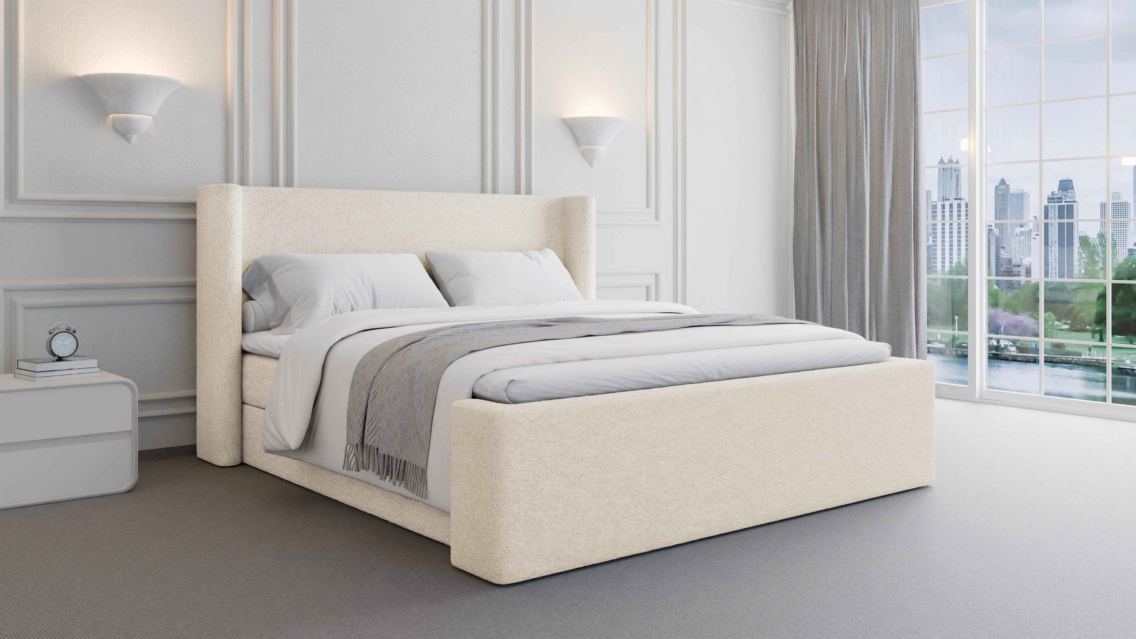 MOEBLO Boxspringbett BETT 09 (Doppelbett mit hochwertigem Bouclé-Stoff, großem Bettkasten und Komfort-Topper – elegantes Bouclé-Boxspringbett mit abgerundeten Ecken, modernem Kopfteil und erstklassigem Schlafkomfort), Boxspring, - 140/160/200x200 cm