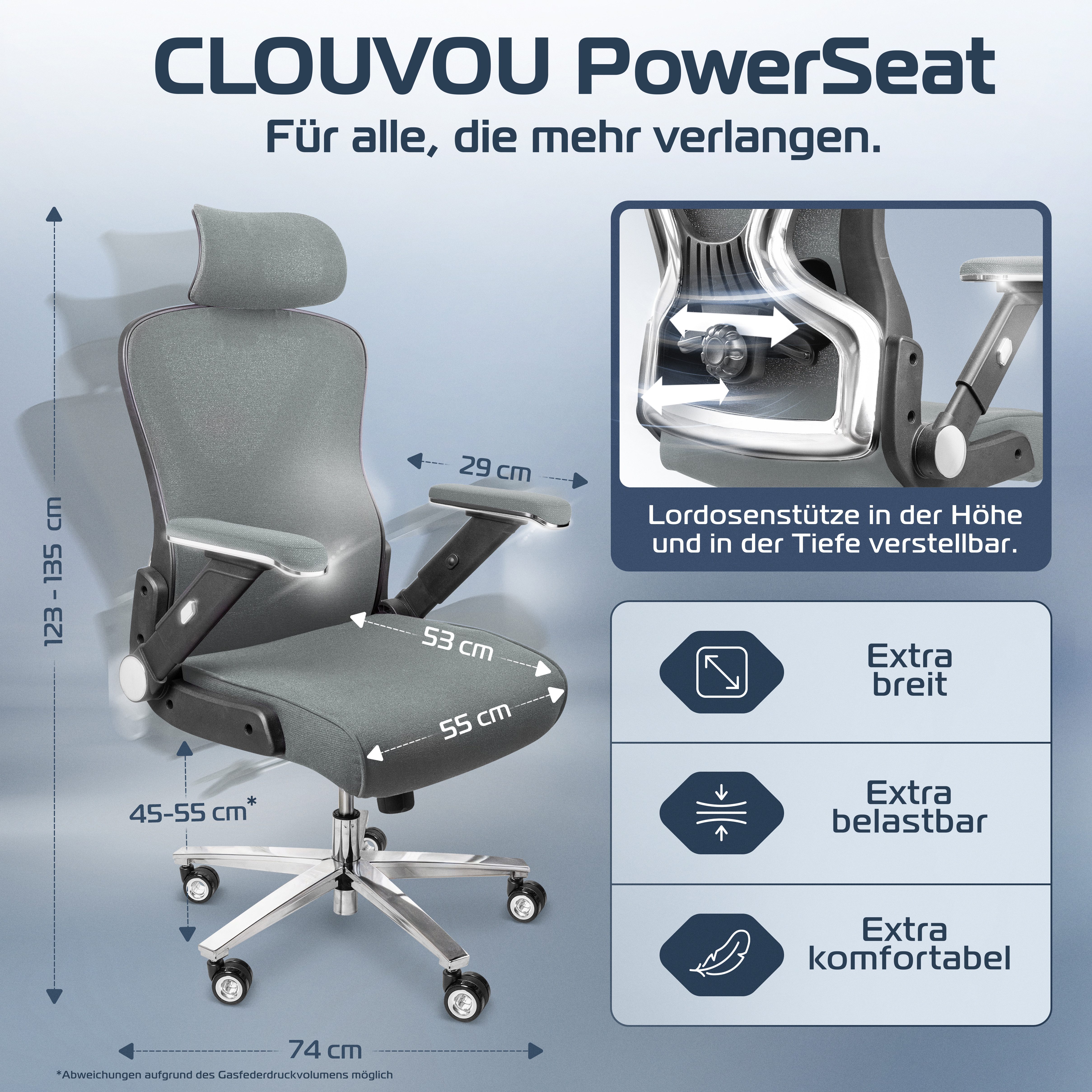 CLOUVOU Bürostuhl Ergonomisch, Schreibtischstuhl bis 150 kg - Testsieger (PowerSeat - Chefsessel für Arbeitszimmer, 5D Gaming Armlehnen), Blade Wheels, Homeoffice, Gaming Stuhl, Drehstuhl), Blade Wheels, Homeoffice, Gaming Stuhl, Drehstuhl